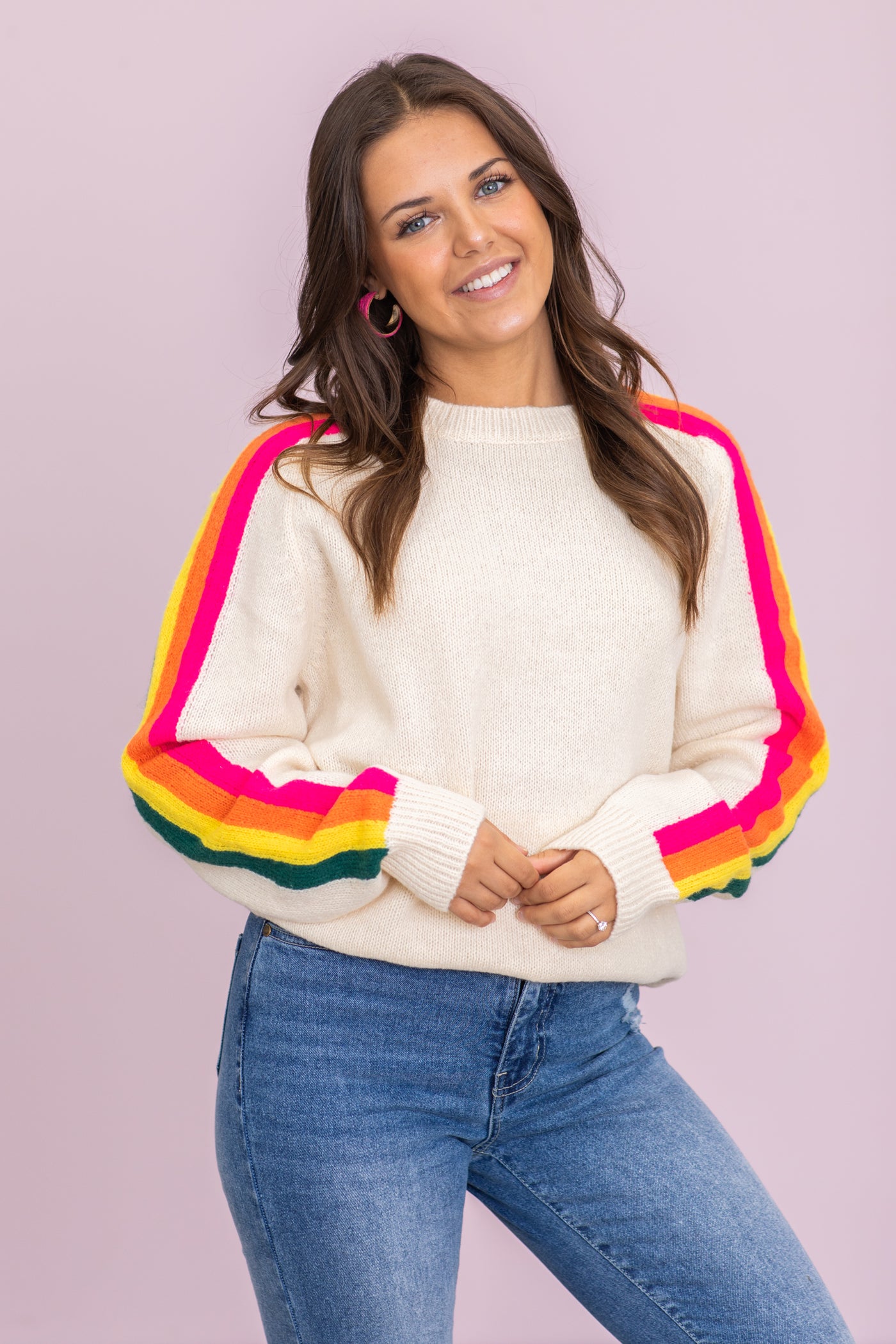 Cream Sweater With Rainbow Stripe Sleeves