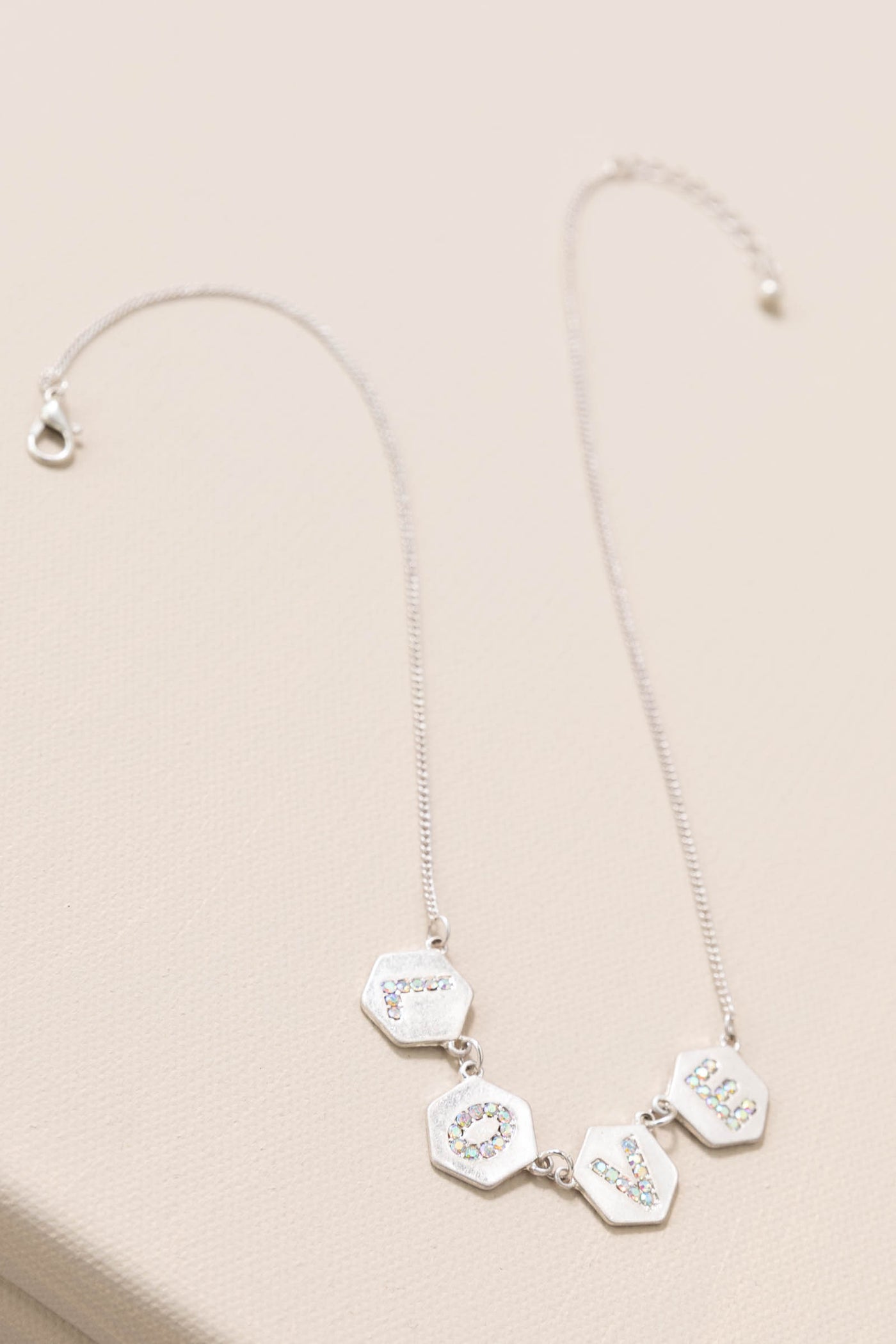 Silver Delicate Love On Hexagon Charm Necklace