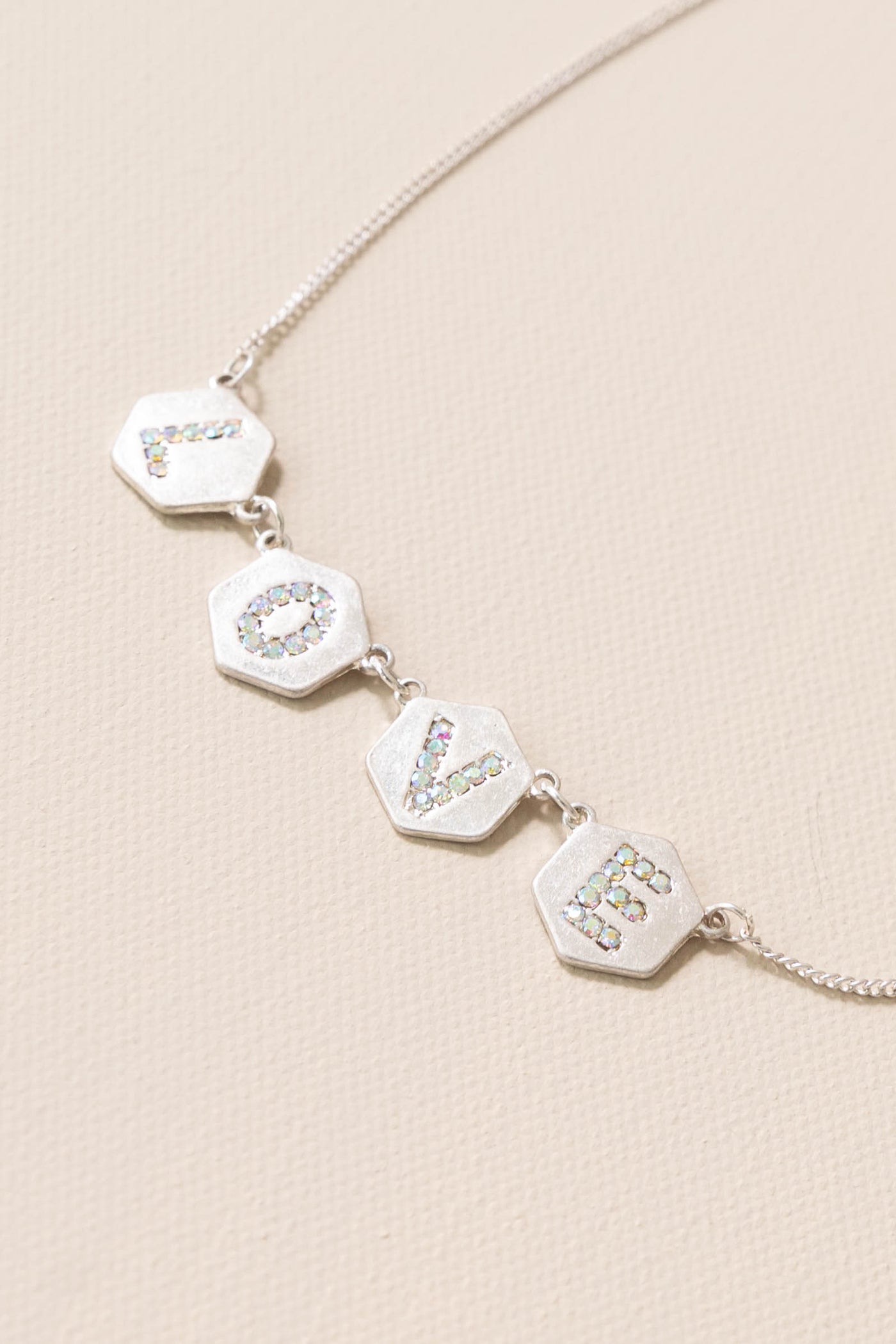 Silver Delicate Love On Hexagon Charm Necklace