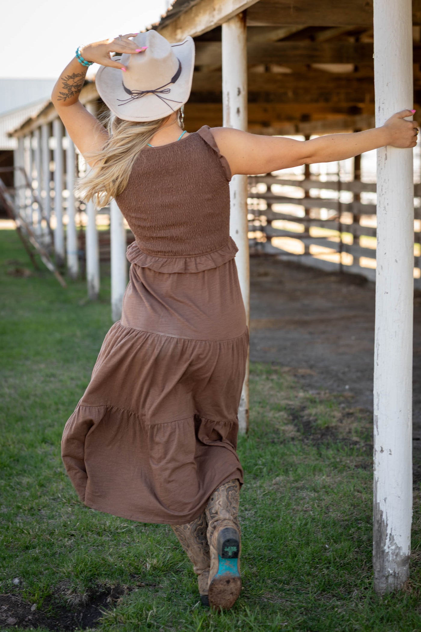 Mocha Smocking Detail Knit Midi Dress- 100% Cotton