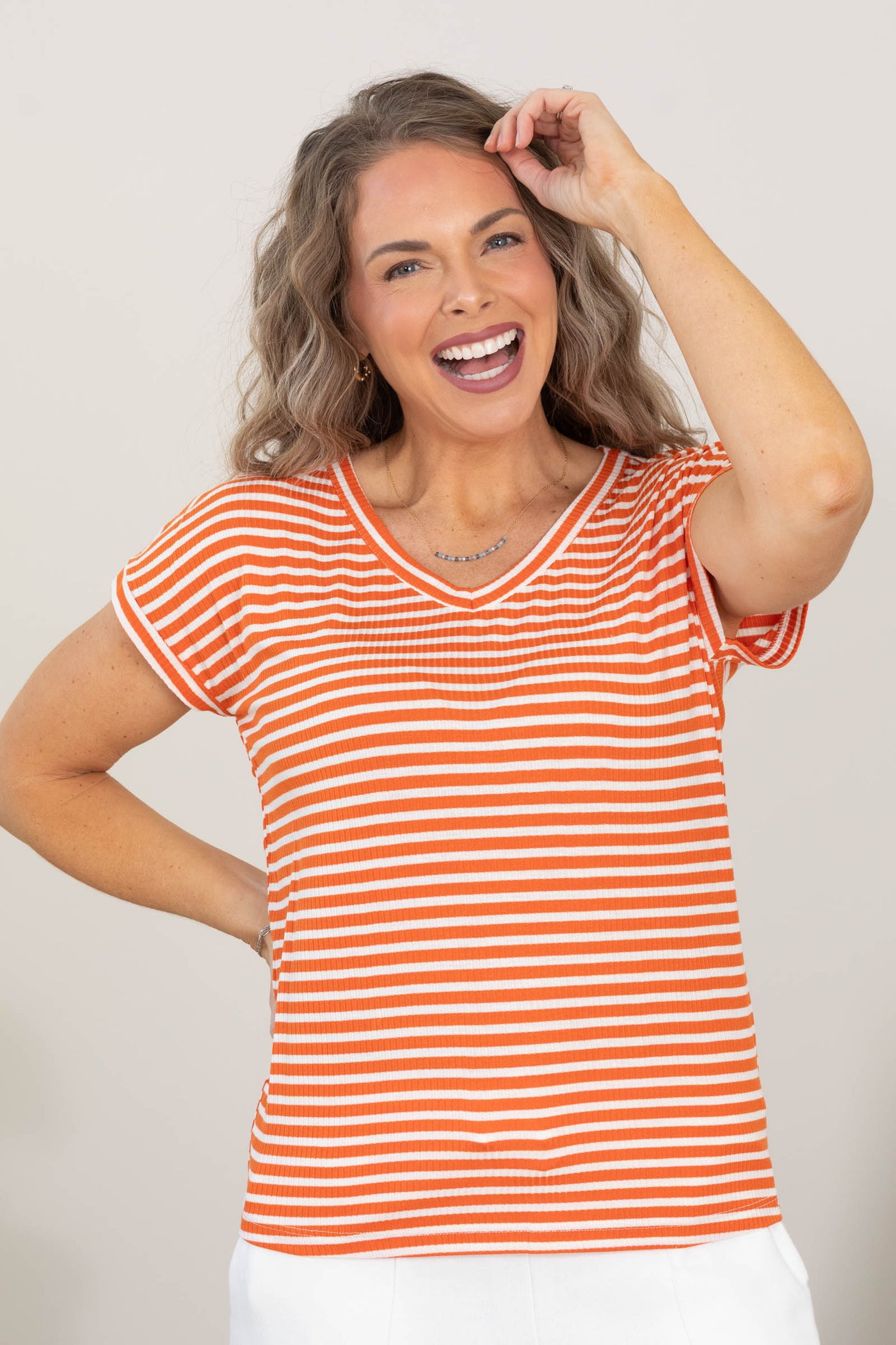 V-Neck Line Stripe Rib Knit Tops