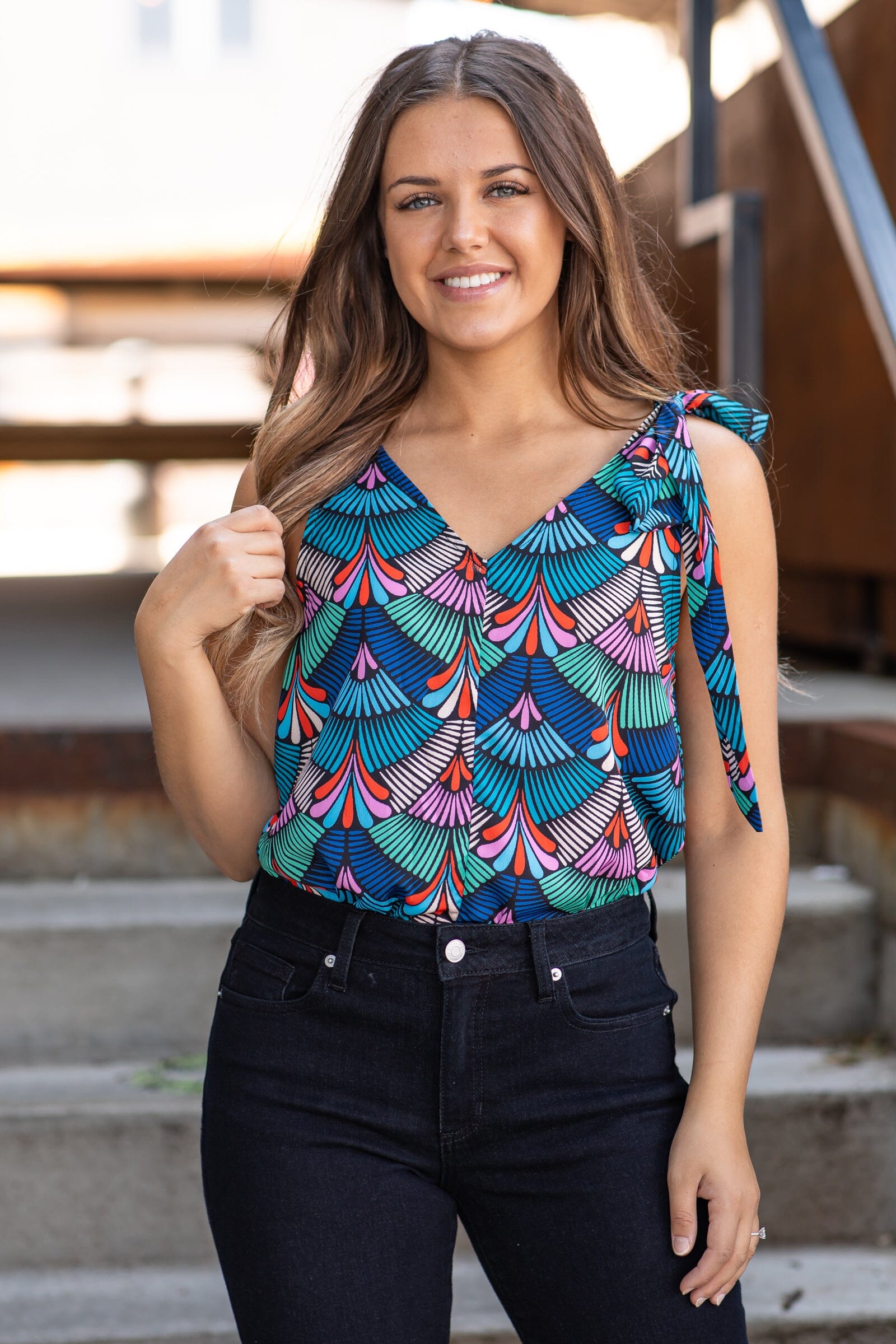 Turquoise Multicolor Geo Print Tank - Filly Flair