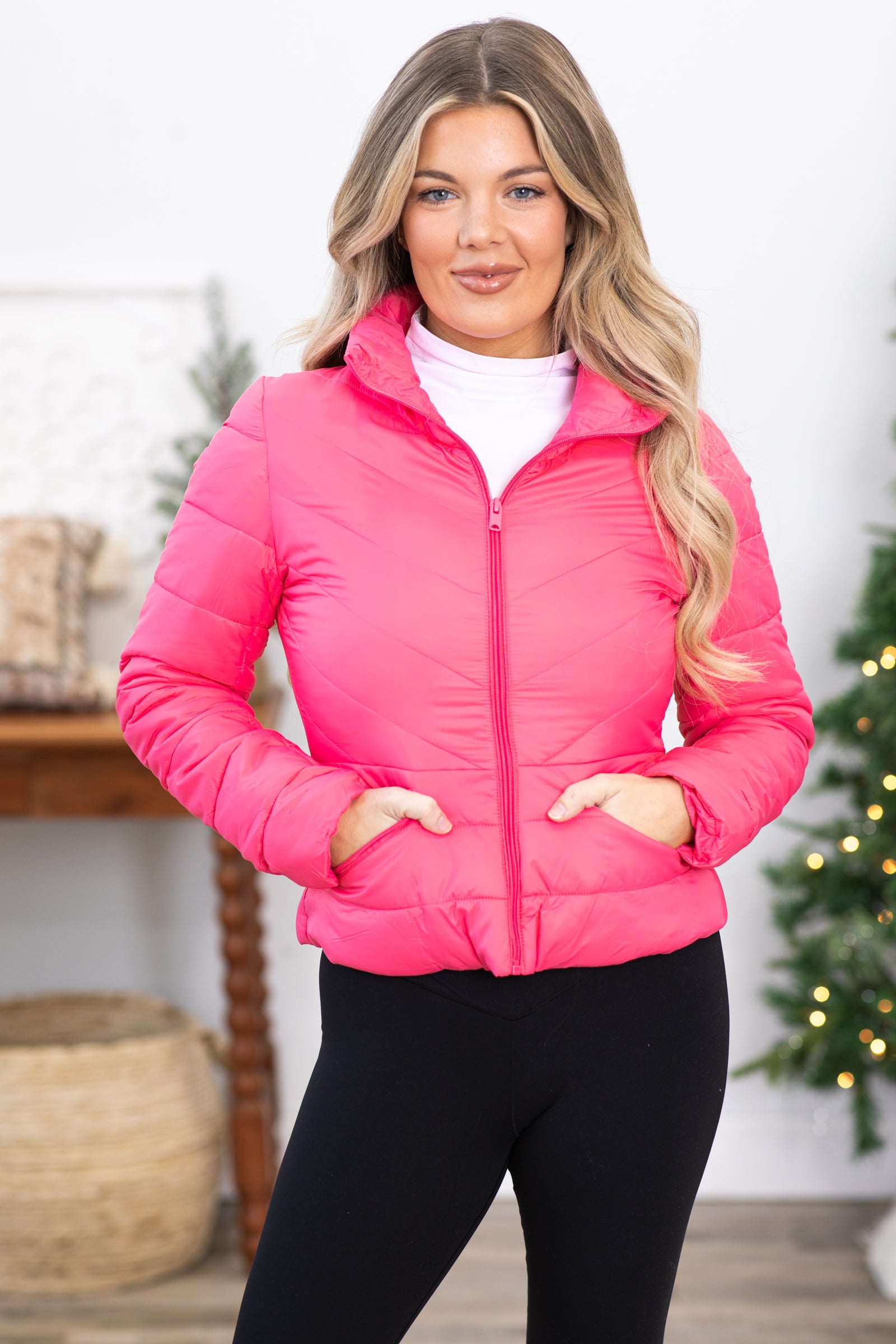 Pink Puffer Jacket With Zippered Pockets