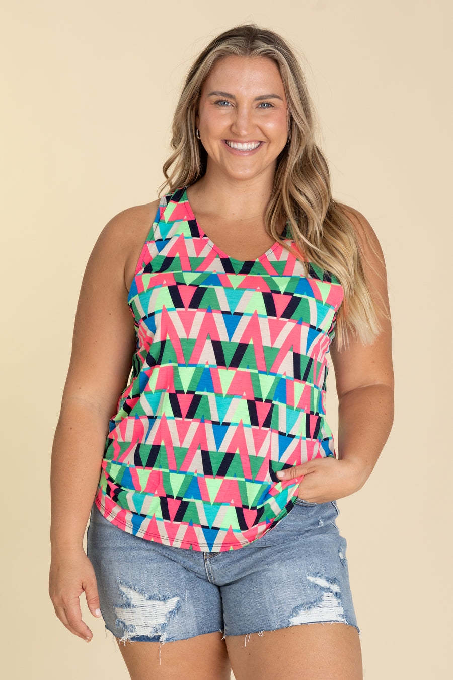 Neon Pink Abstract V-Neck Knit Top