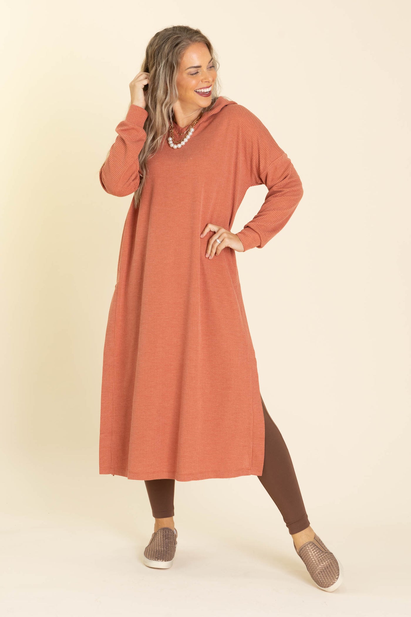 Rust Waffle Knit Long Sleeve Hoodie Midi Dress · Filly Flair