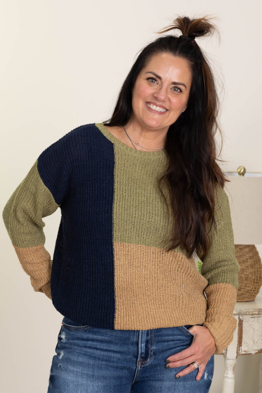 Olive Multi Colorblock Knit Pullover Sweater