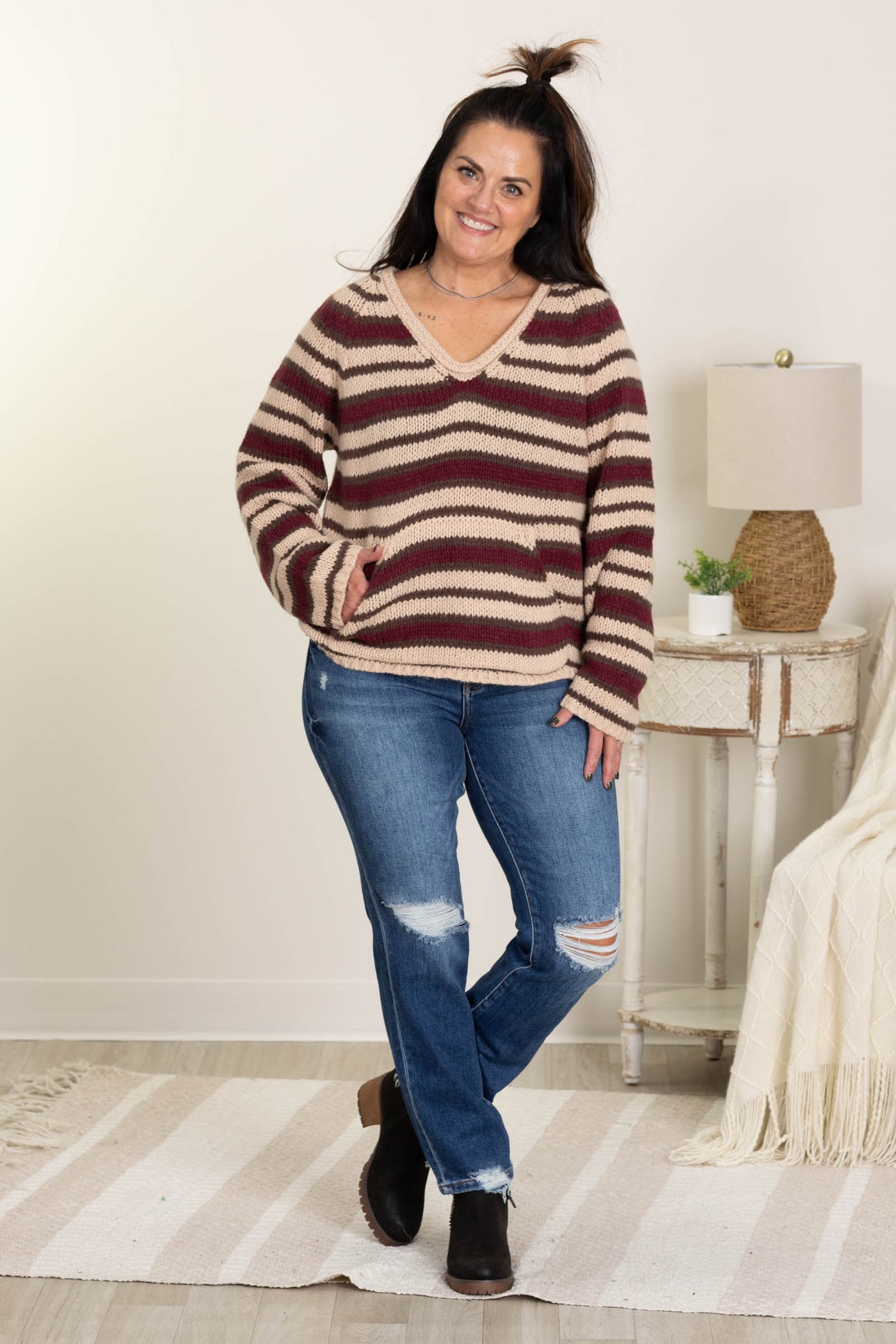 Burgundy Stripe Kangaroo Pocket Sweater