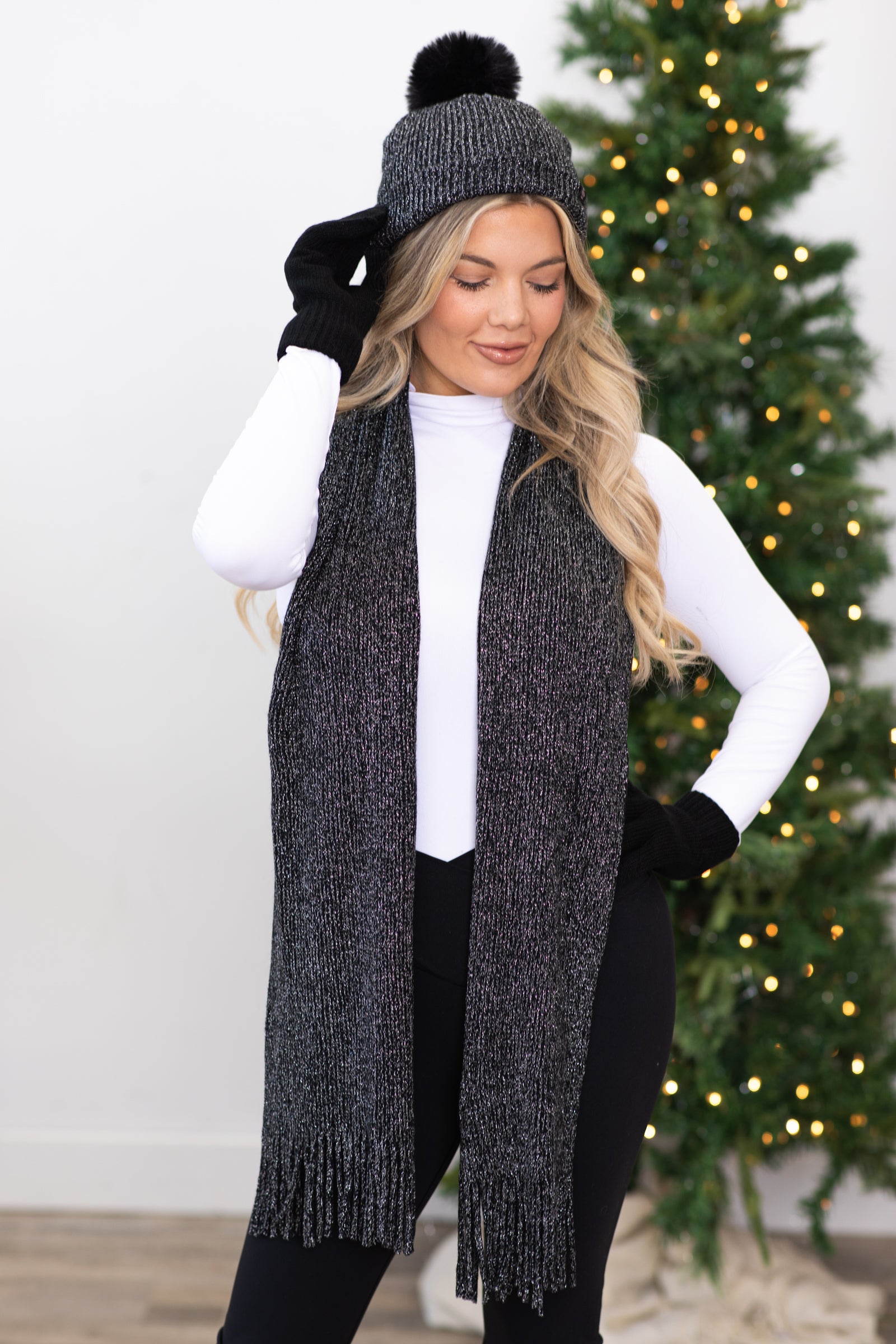 Black Scarf and Beanie Set With Lurex