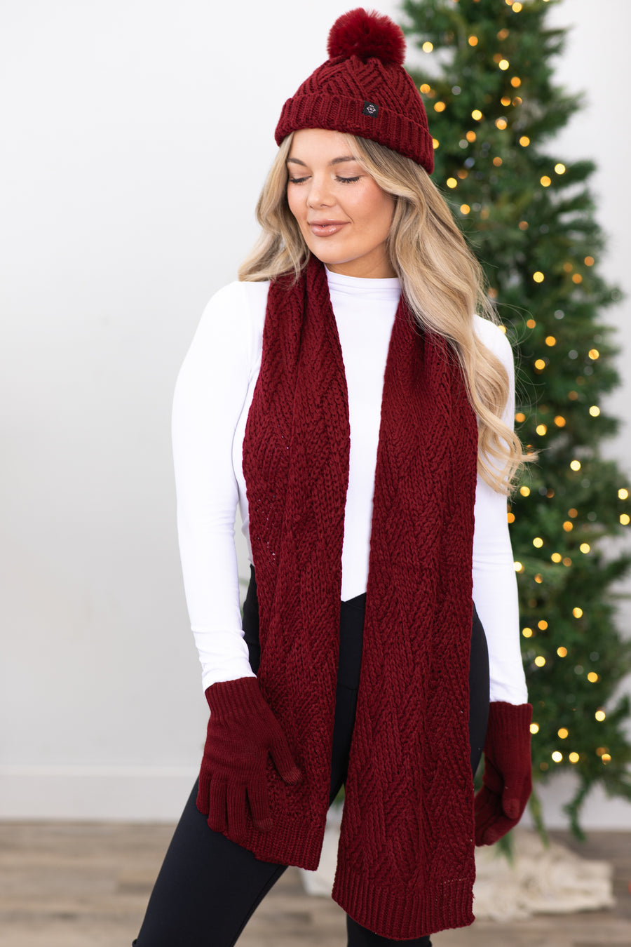 Dark Wine Cable Knit Scarf and Beanie Set