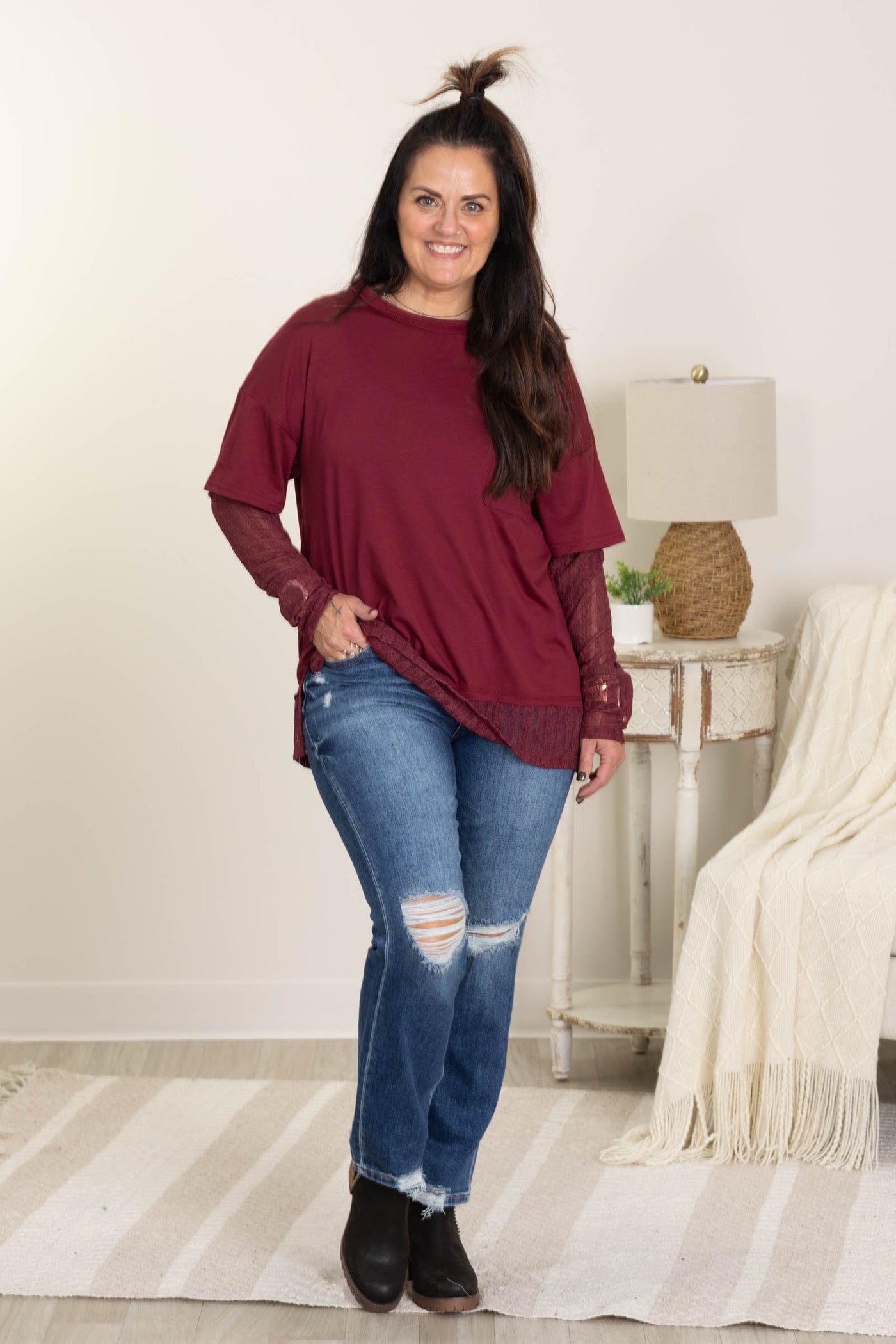 Knit Top With Faux Layered Lace Sleeve