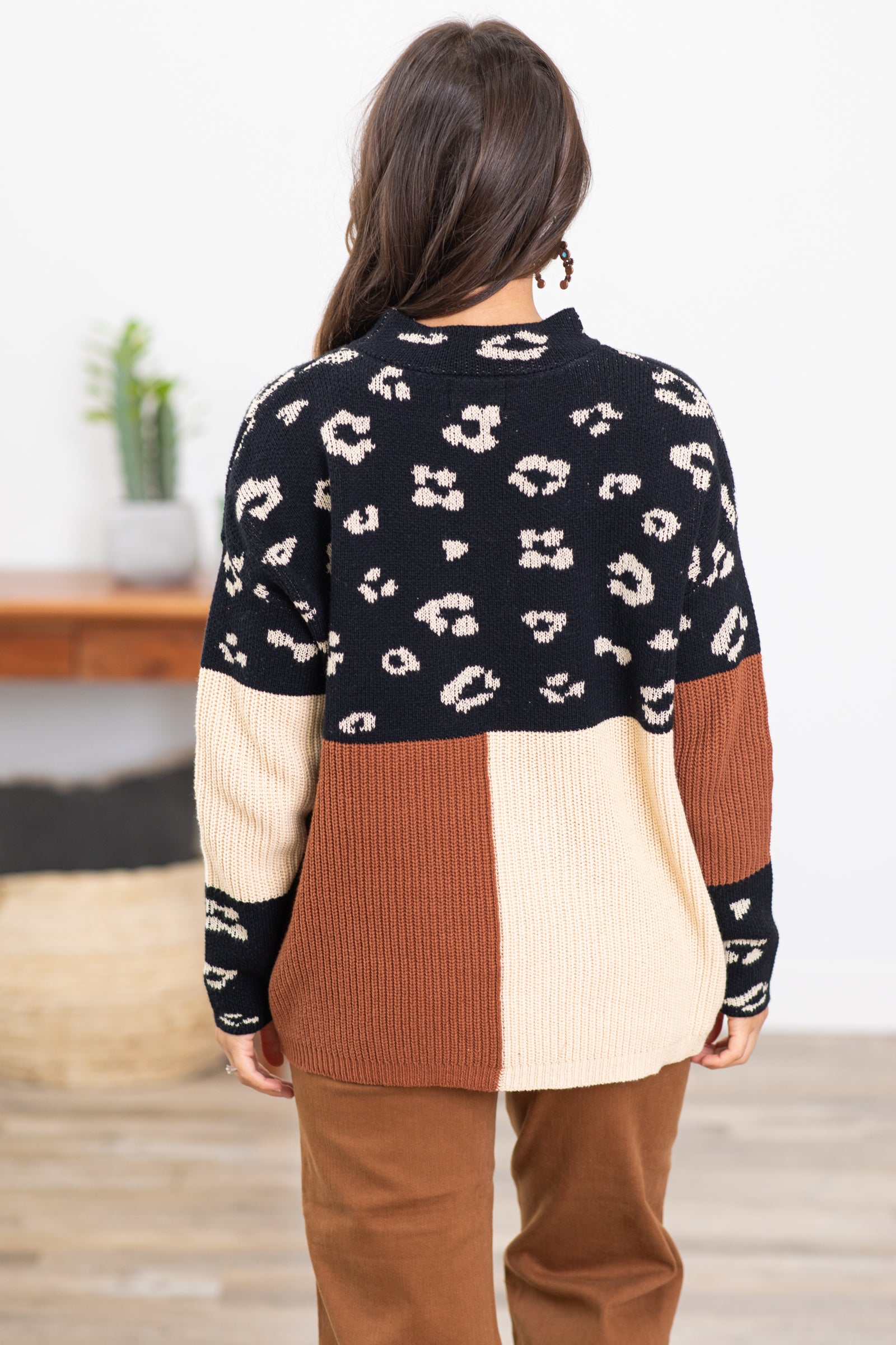 Black and Tan Colorblock Animal Print Sweater