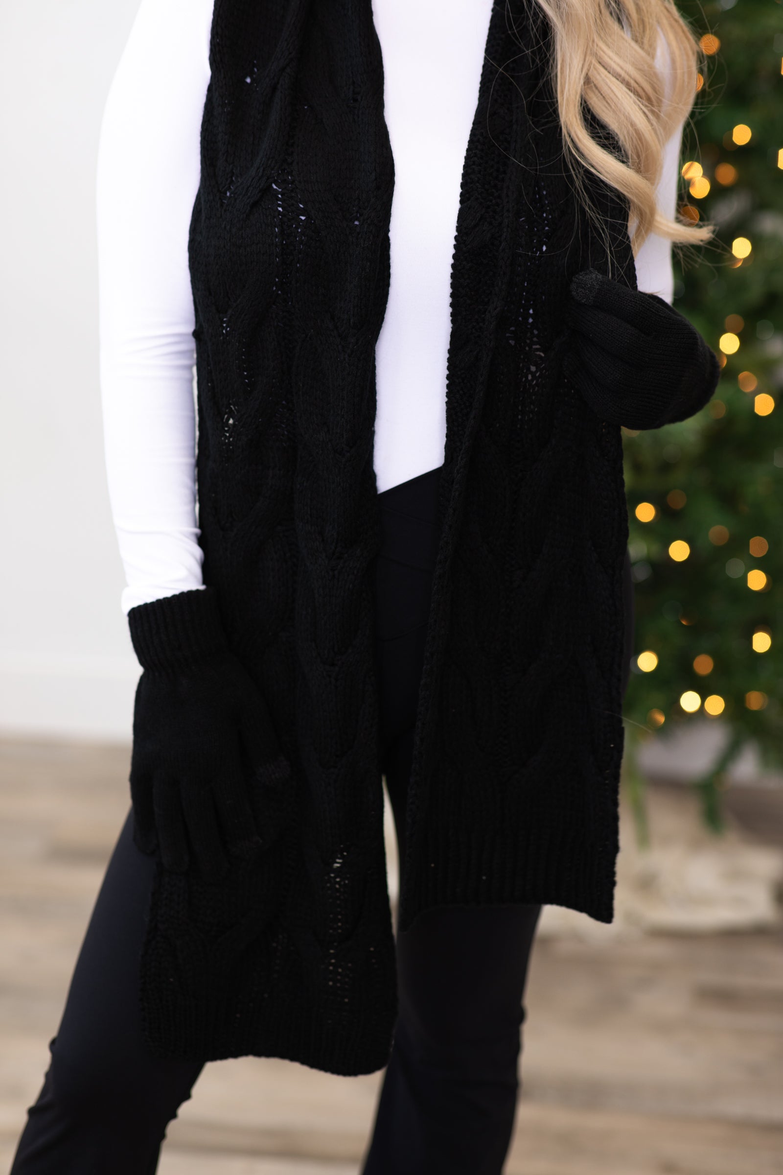 Black Cable Knit Scarf and Beanie Set