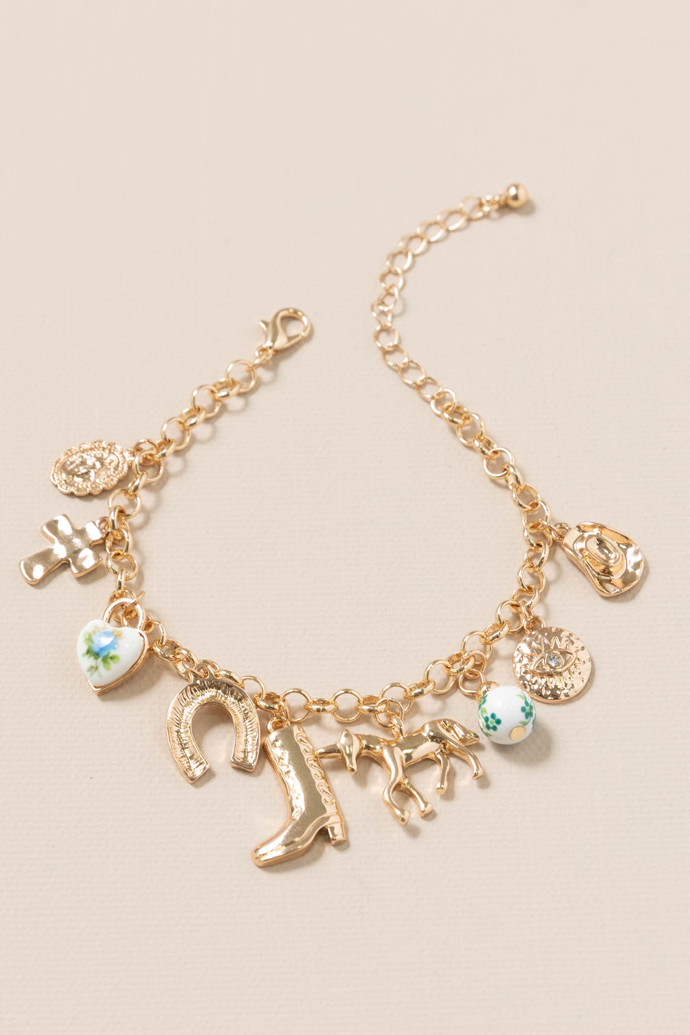 Western Boot Cross Porcelain Charm Bracelet