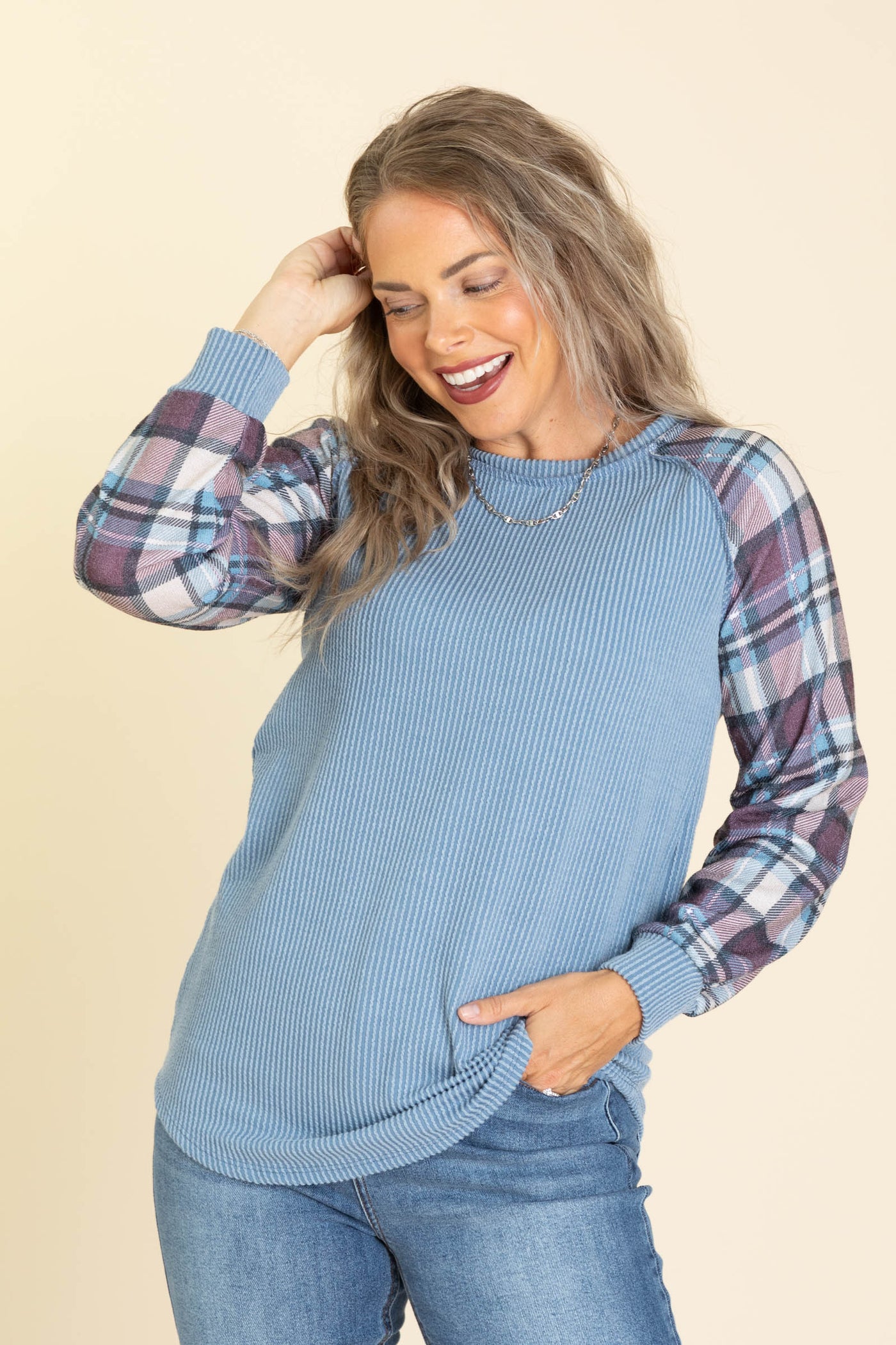 Solid Ribbed Knit Top With Plaid Long Sleeves