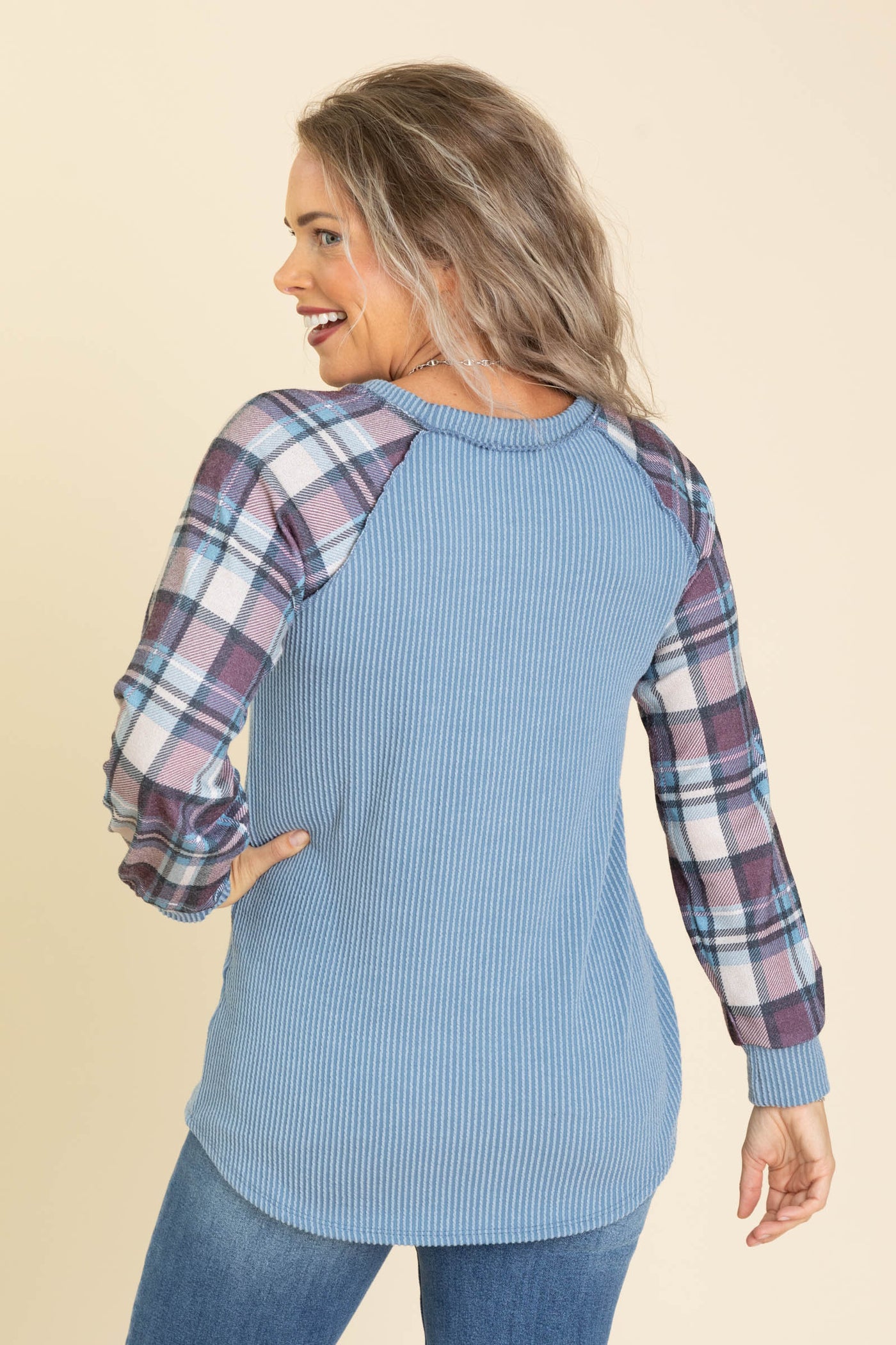 Solid Ribbed Knit Top With Plaid Long Sleeves
