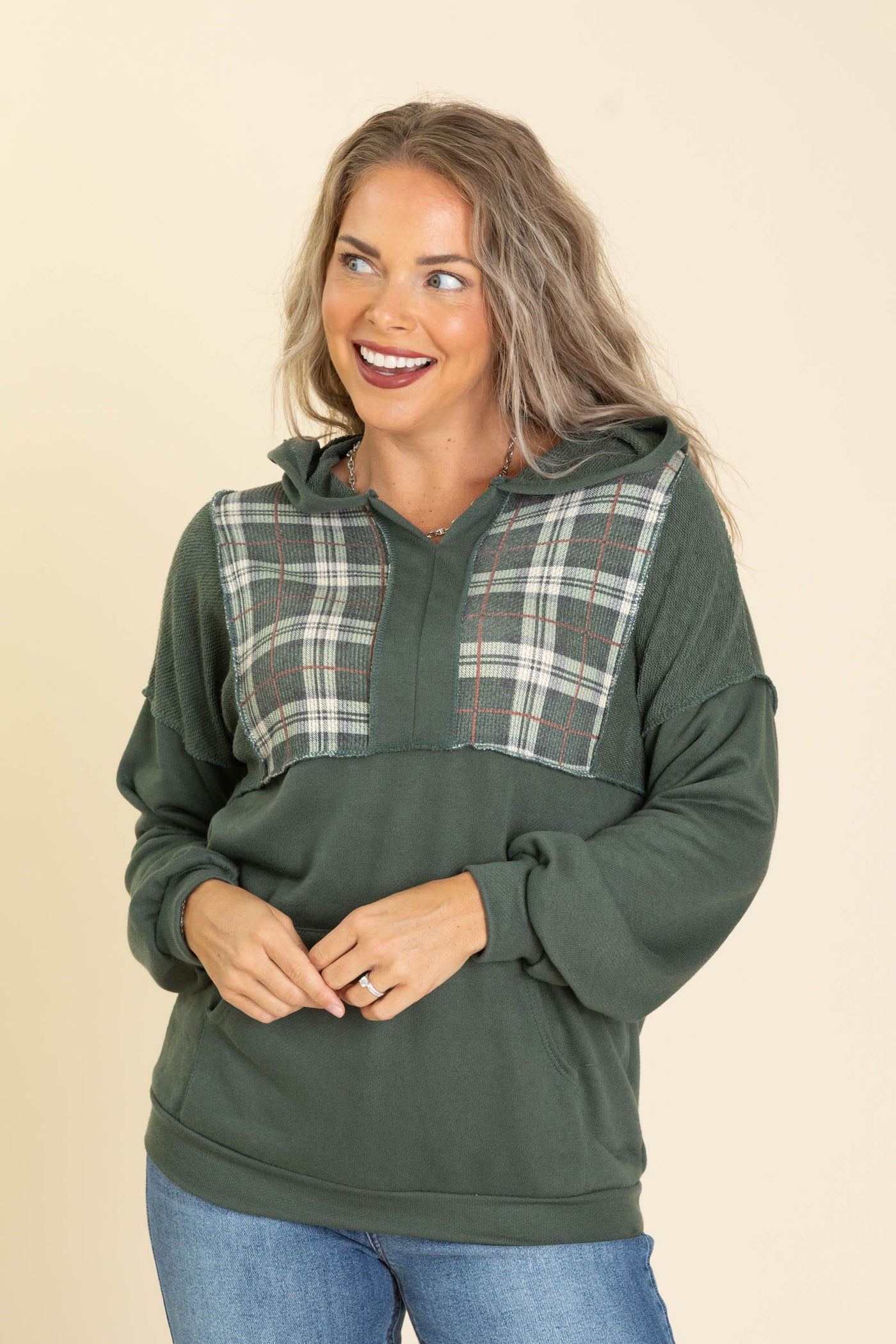 Plaid Contrast Detail Knit Hoodie Knit Tops