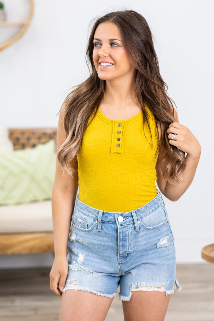 Mustard Ribbed Henley Tank - Filly Flair