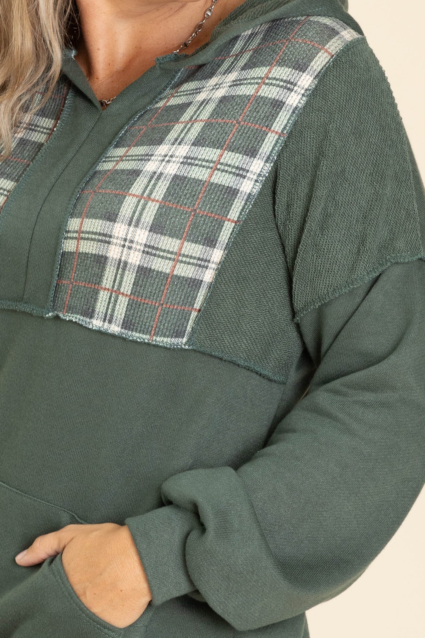 Plaid Contrast Detail Knit Hoodie Knit Tops