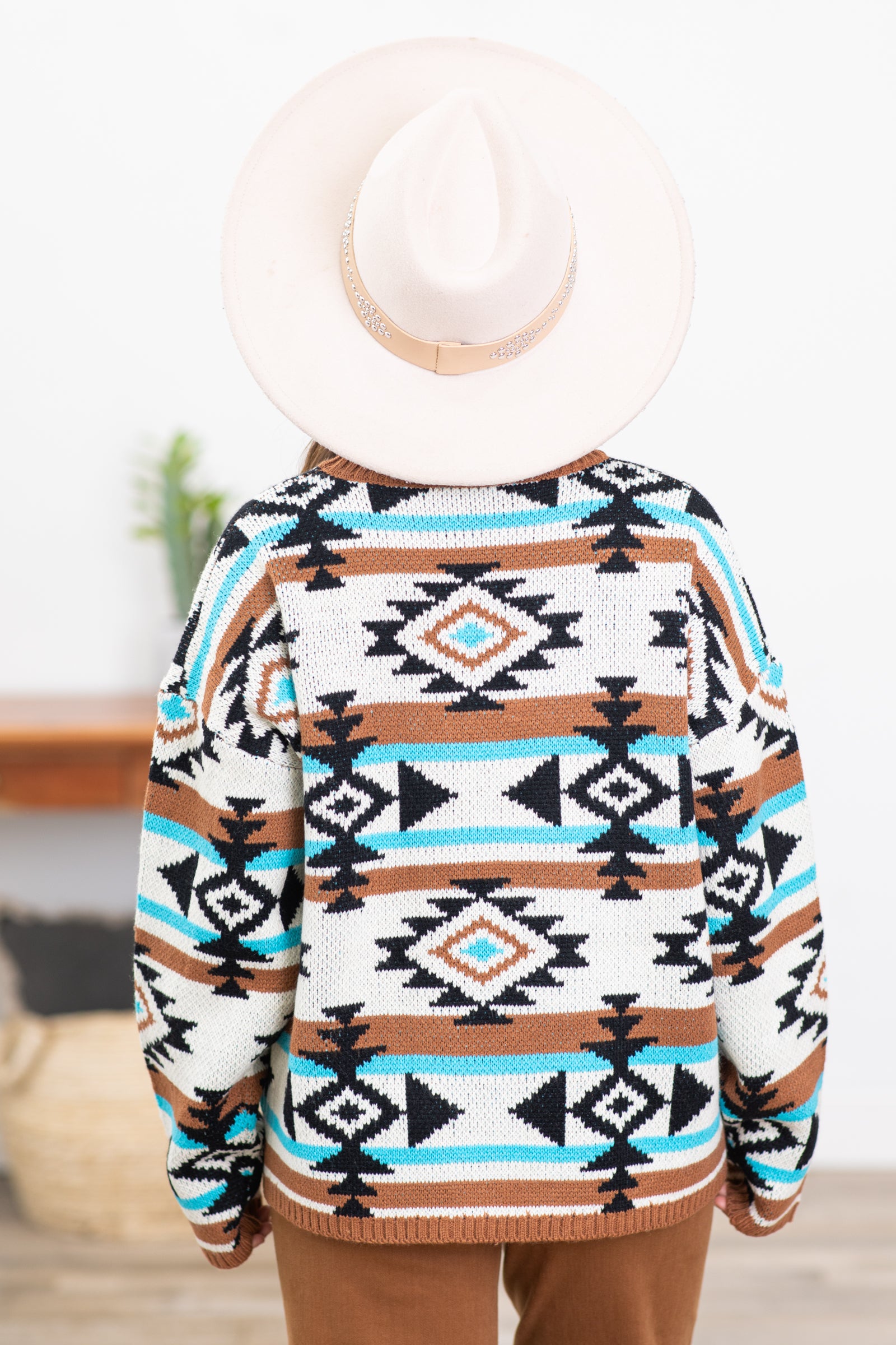 Mocha and Turquoise Aztec Intarsia Sweater
