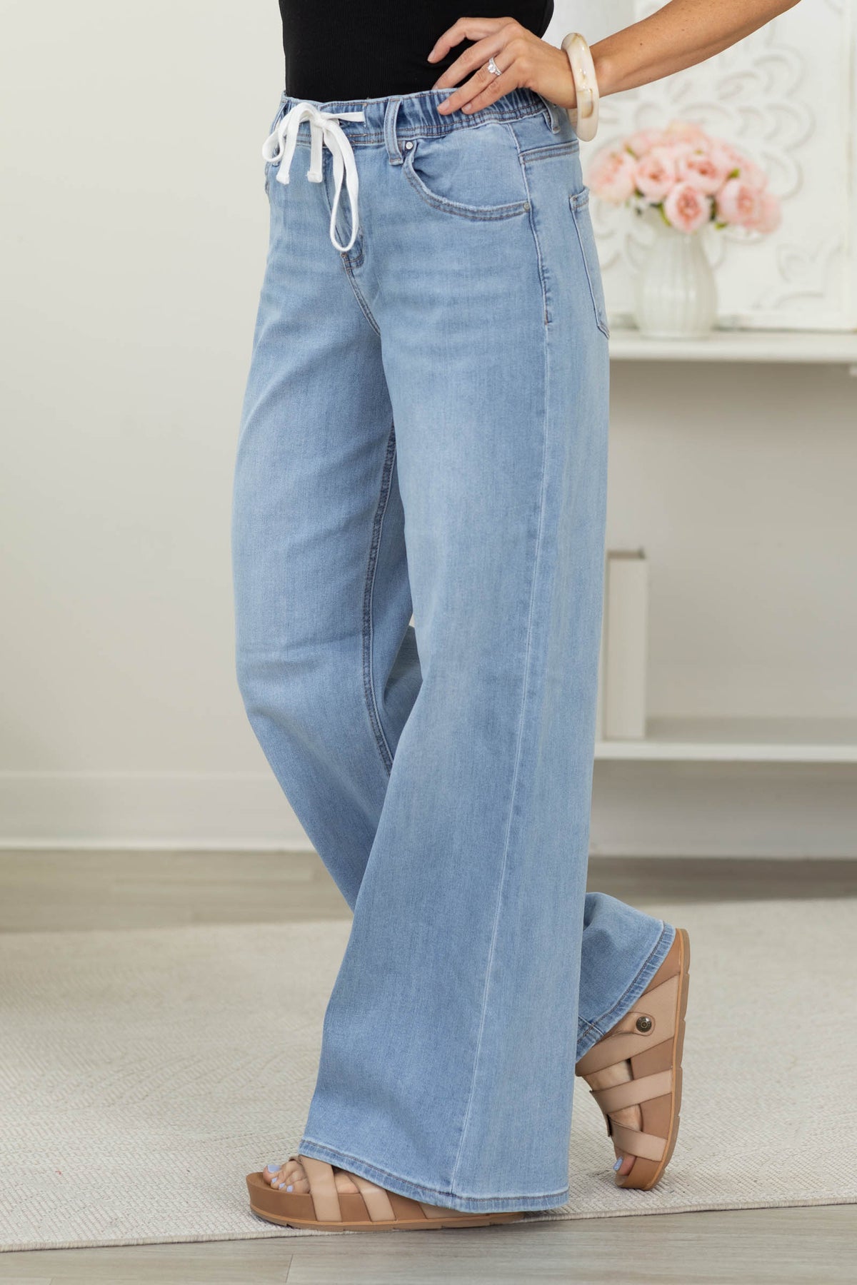 Risen Band Slouchy Wide Jeans With Drawstring