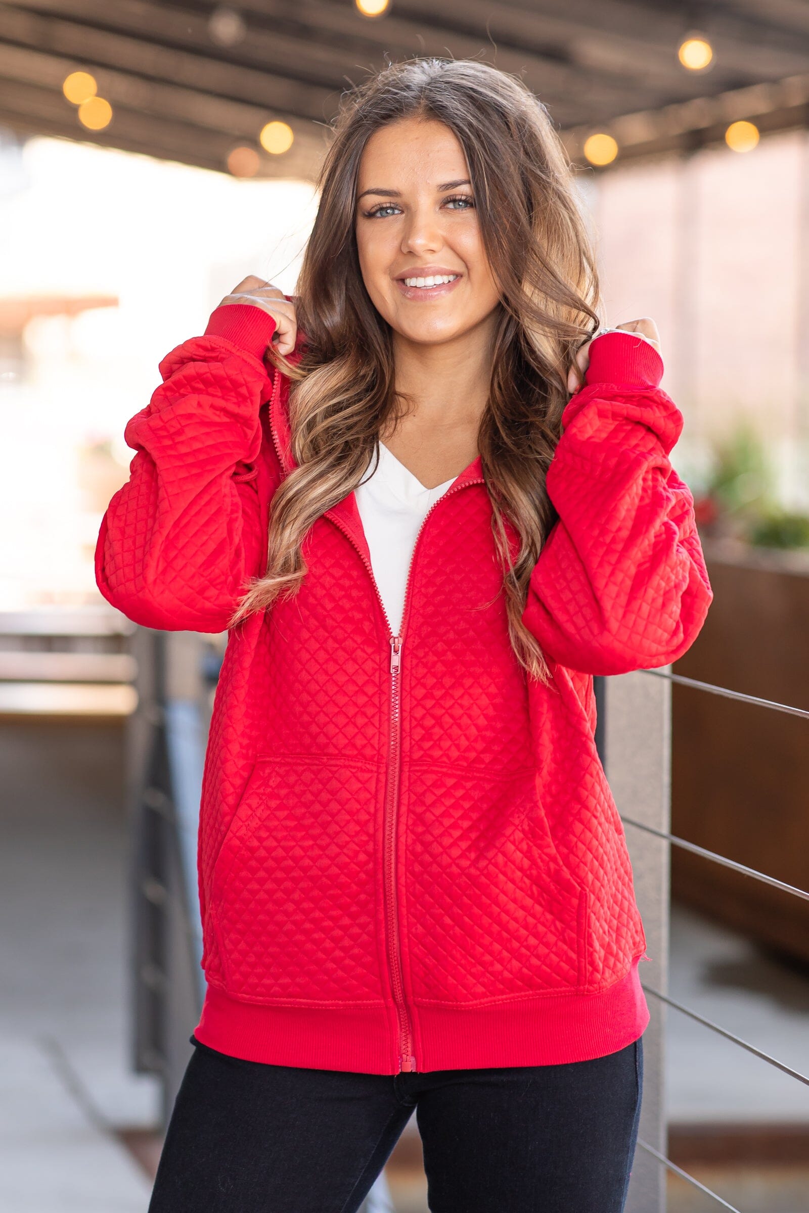 Red Quilted Full Zip Hooded Jacket - Filly Flair