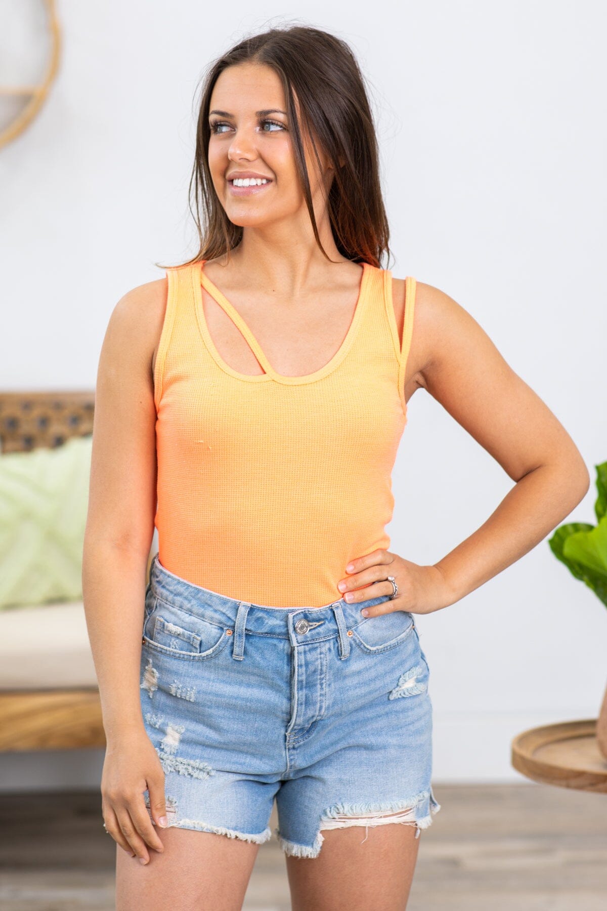 Neon Orange Ribbed Tank With Strap Detail - Filly Flair