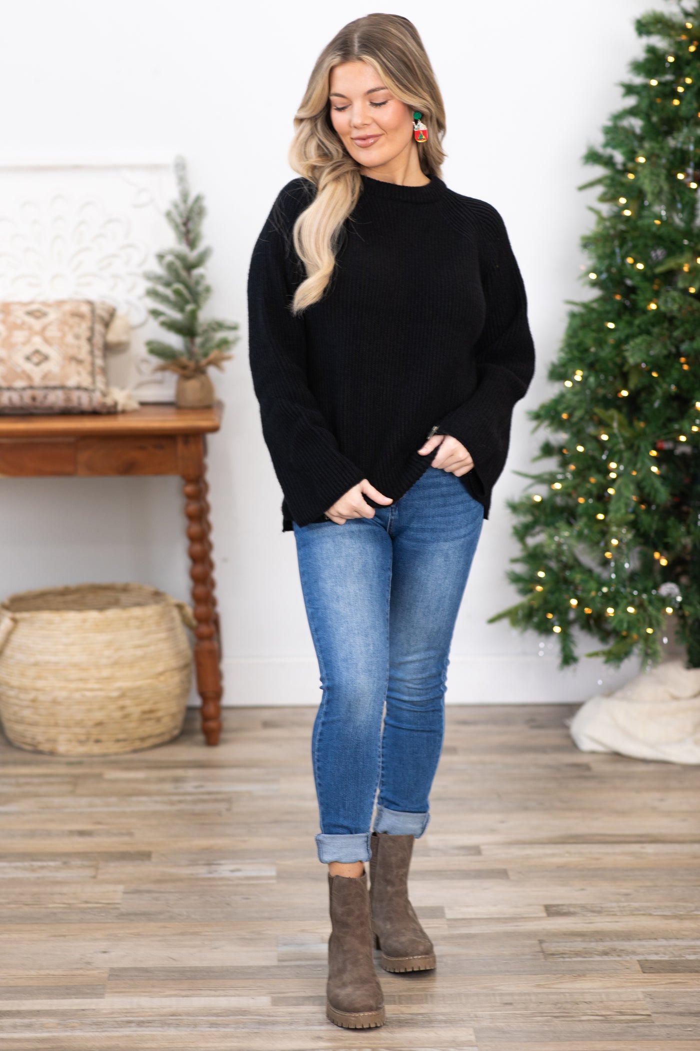 Black Bell Sleeve Sweater With Zipper Detail