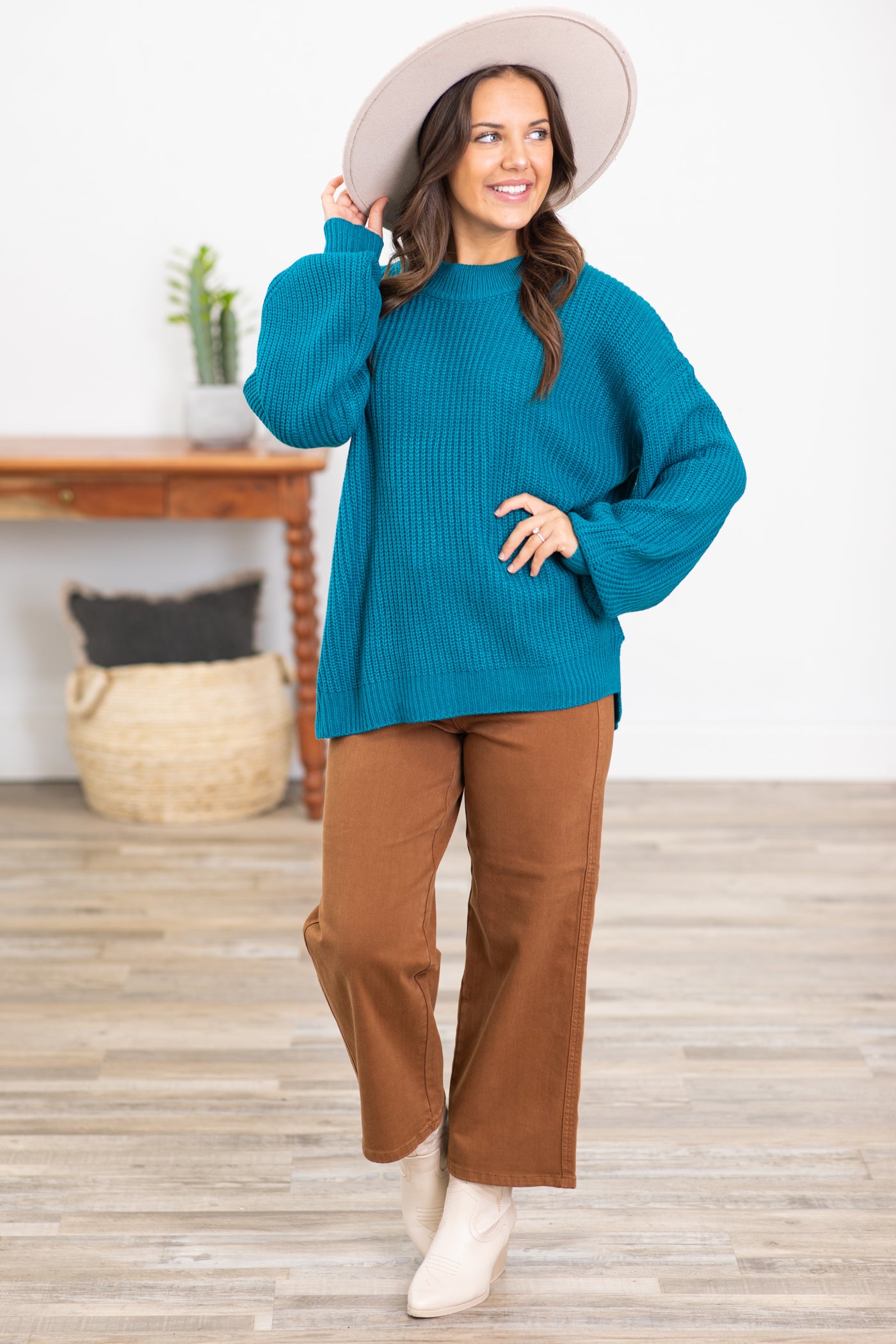 Teal Ribbed Drop Shoulder Slouchy Sweater