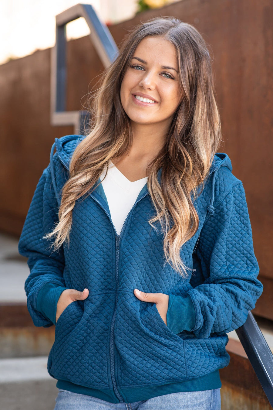 Teal Quilted Full Zip Hooded Jacket - Filly Flair