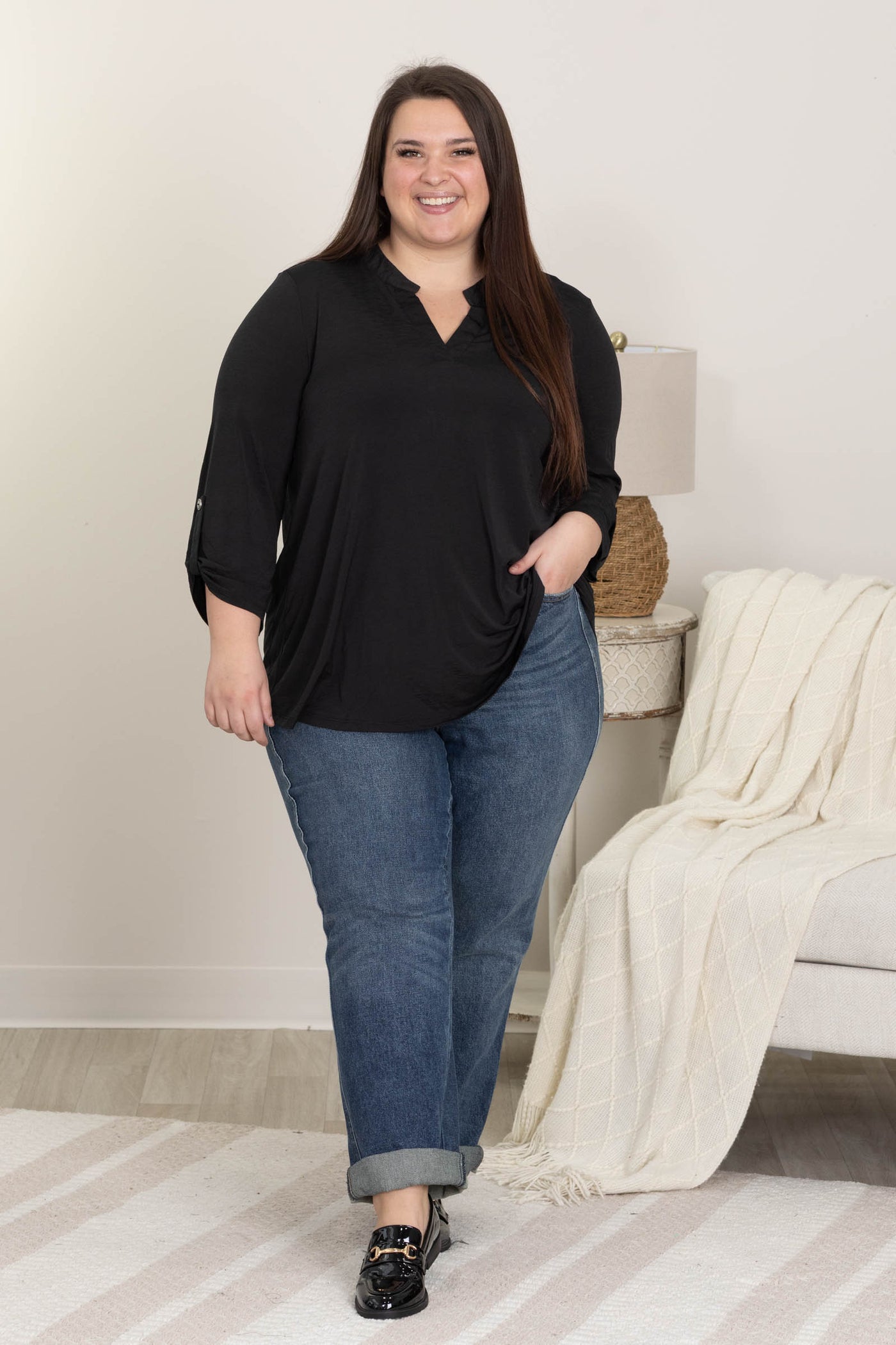 Lizzy Wrinkle Free 3/4 Sleeve Solid Tops