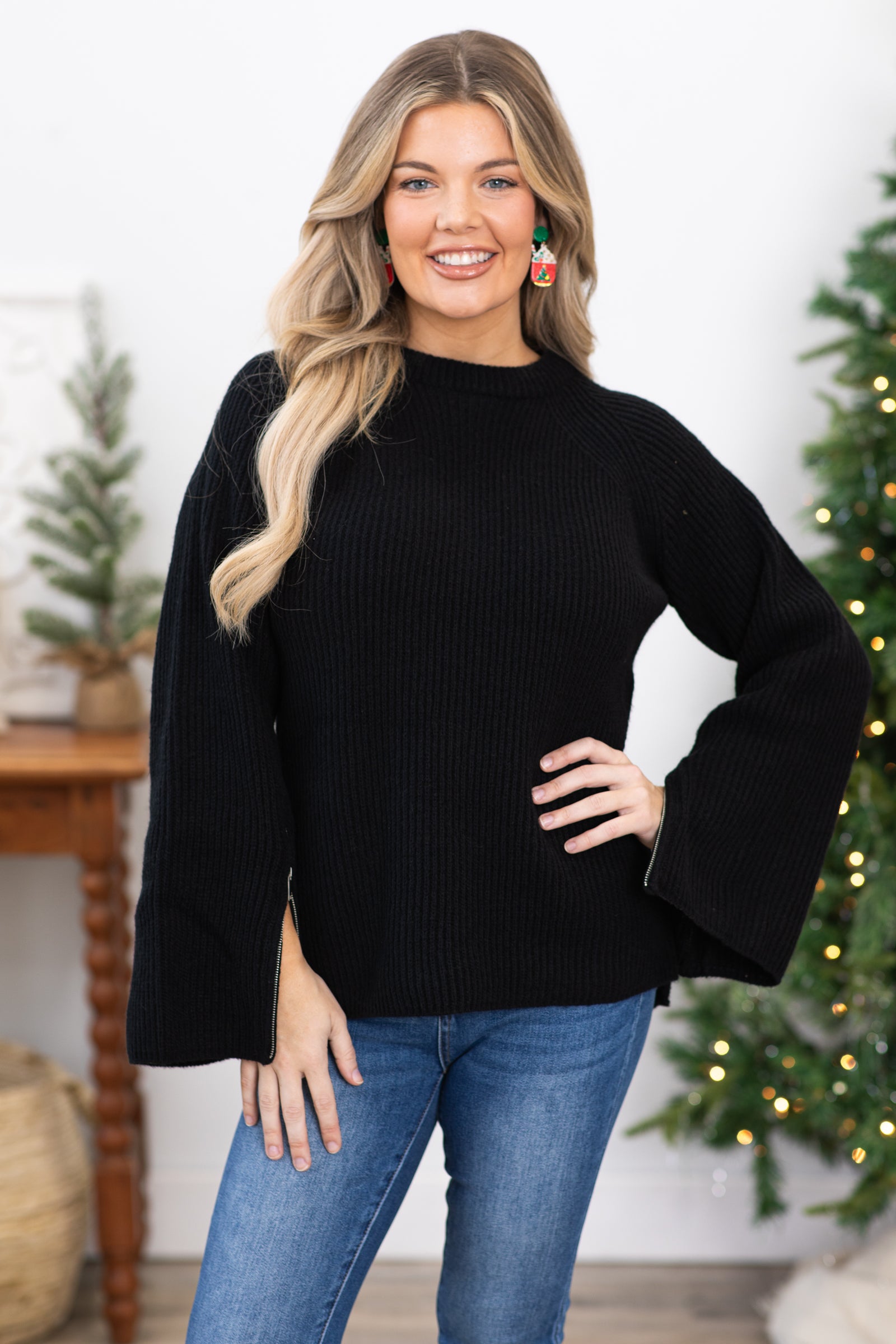 Black Bell Sleeve Sweater With Zipper Detail