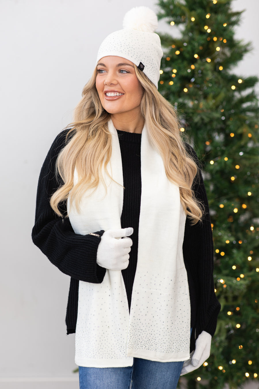 Ivory Scarf and Beanie Set With Rhinestones