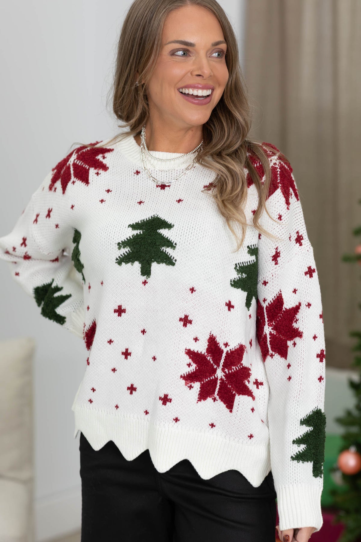 Poinsettia and Pine Intarsia Sweater