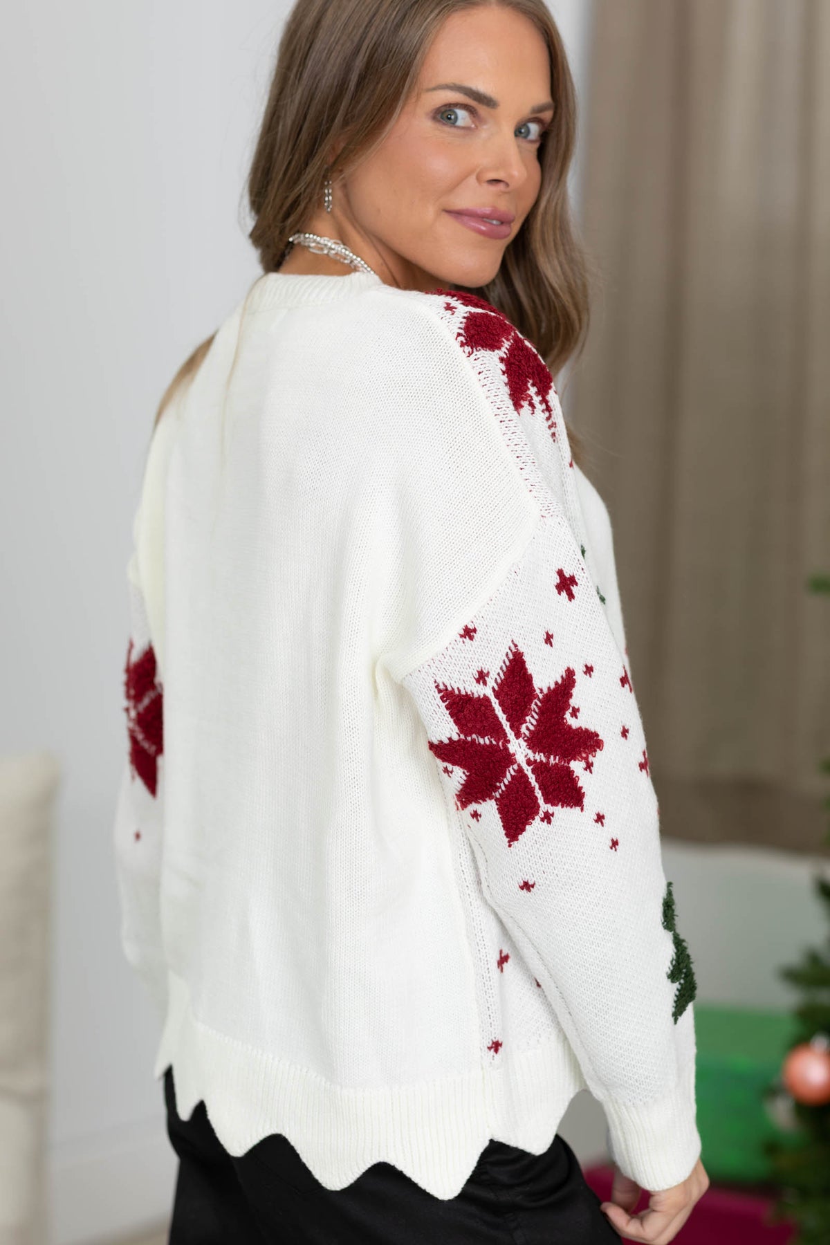 Poinsettia and Pine Intarsia Sweater