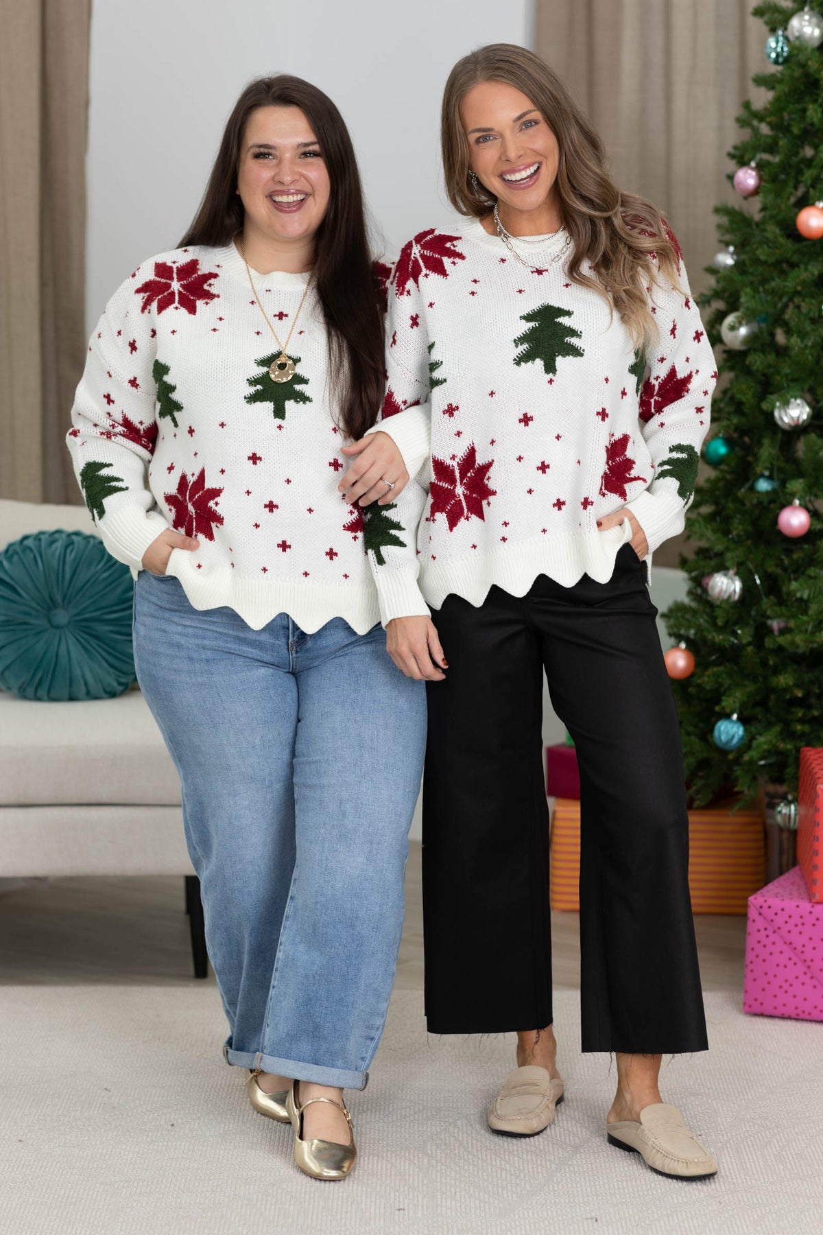 Poinsettia and Pine Intarsia Sweater