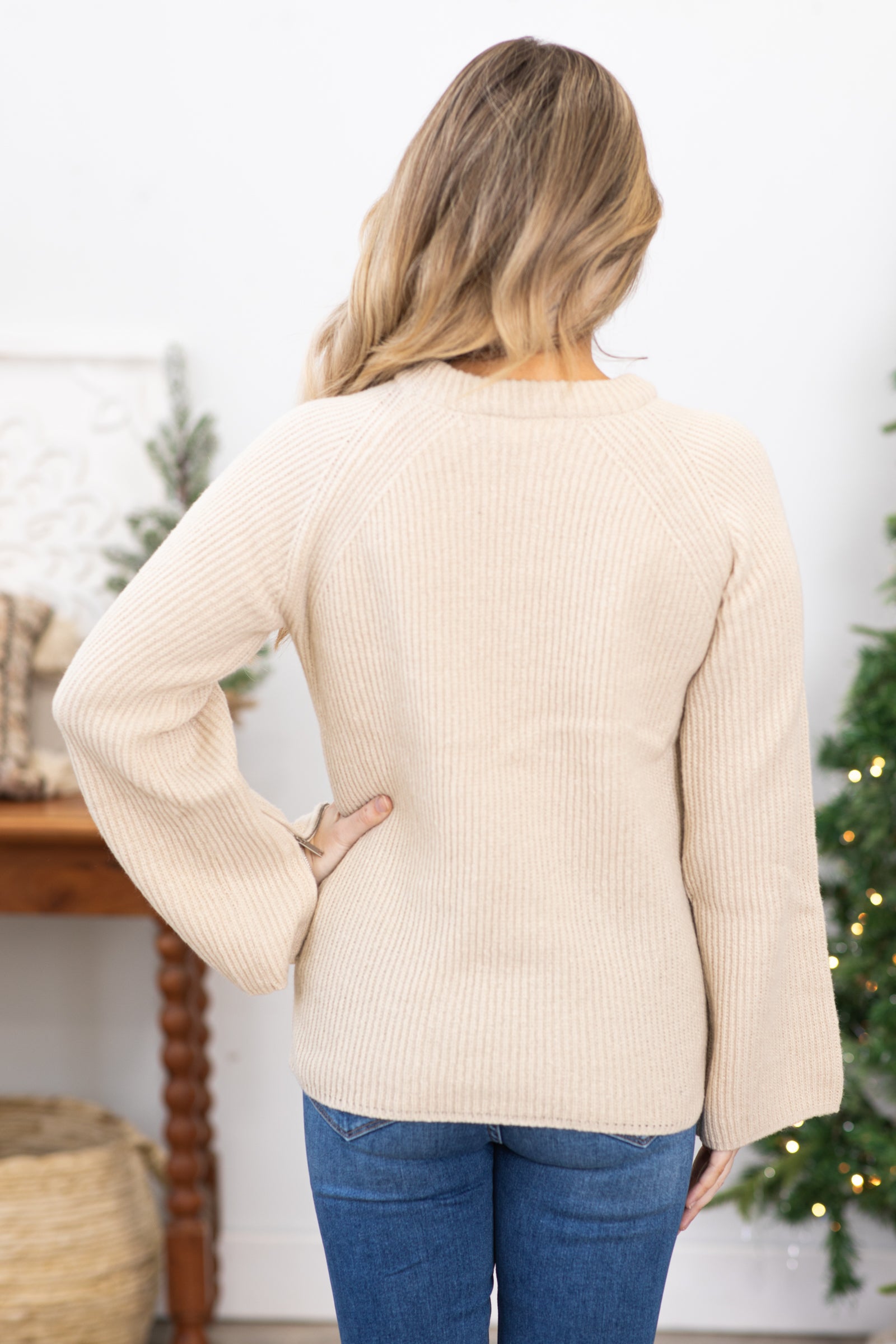 Taupe Bell Sleeve Sweater With Zipper Detail