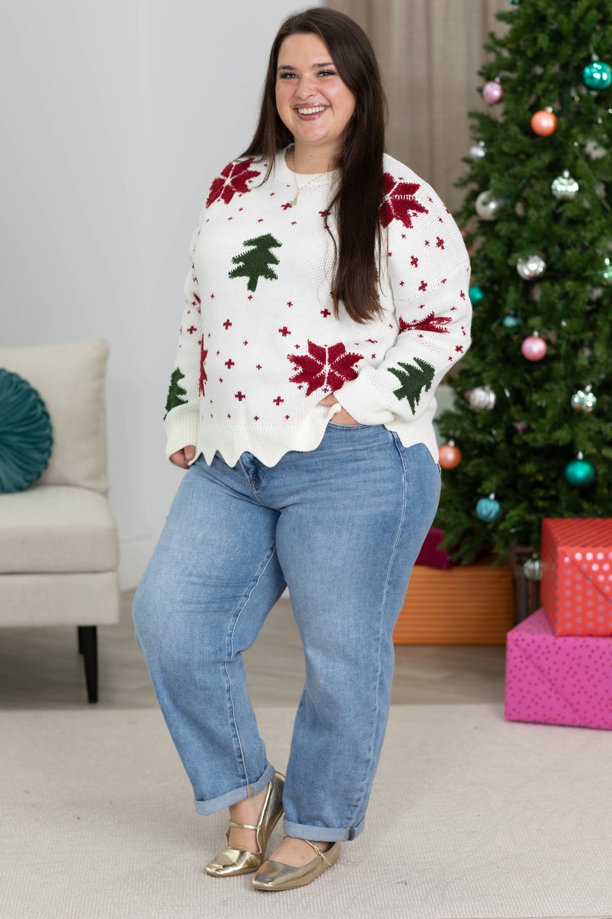 Poinsettia and Pine Intarsia Sweater