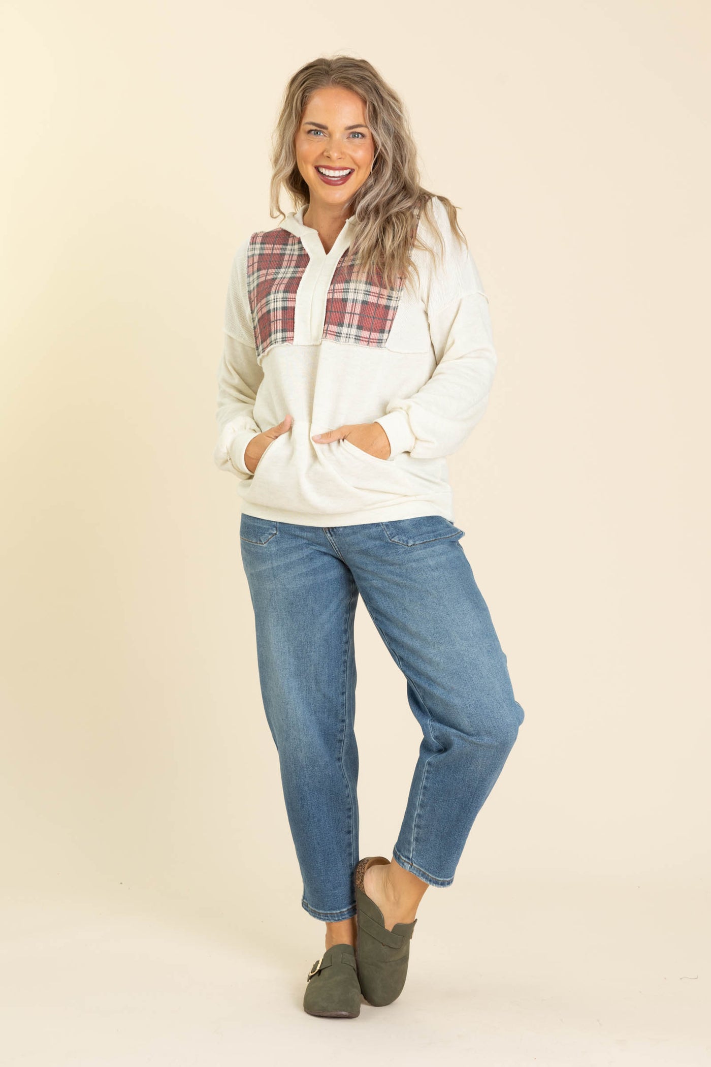 Plaid Contrast Detail Knit Hoodie Knit Tops
