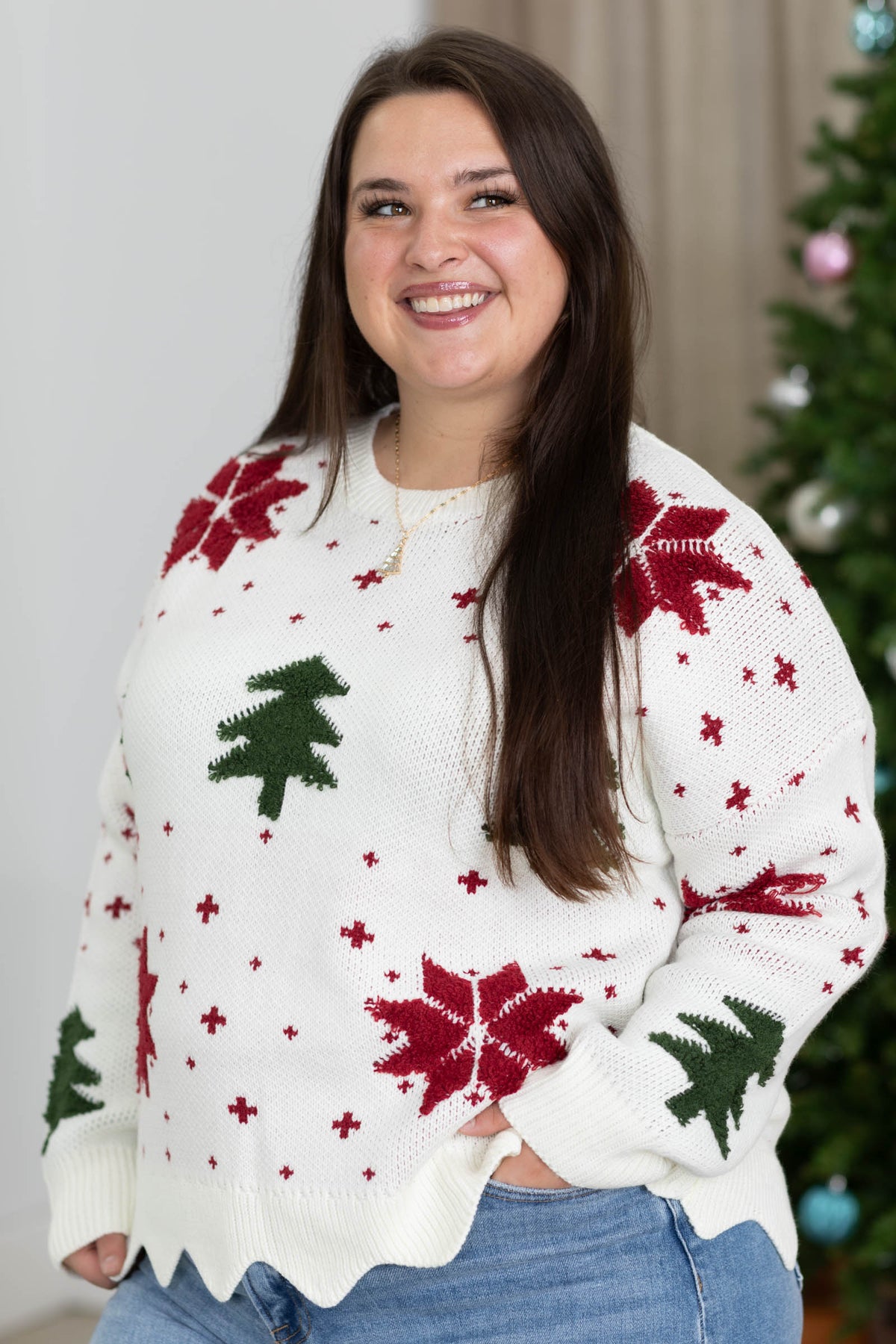 Poinsettia and Pine Intarsia Sweater