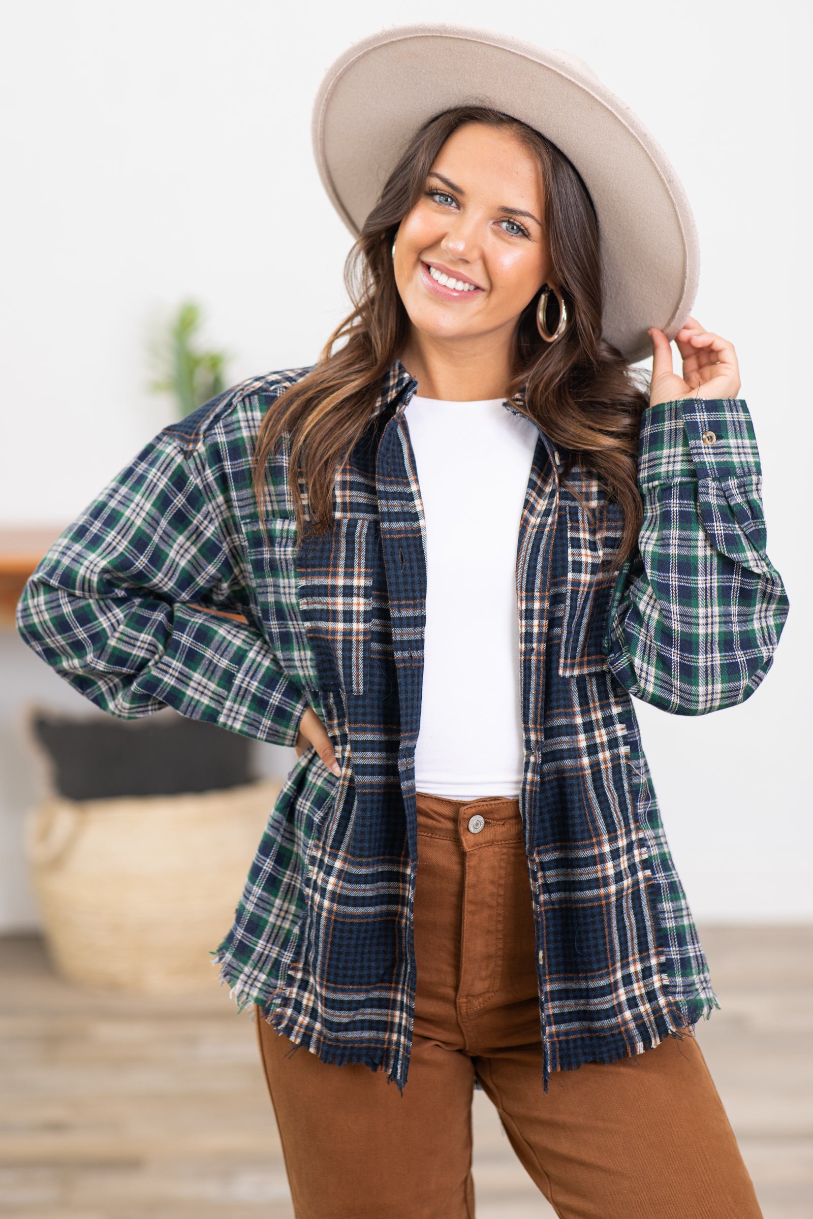 Navy and Teal Mixed Plaid Button Up Top