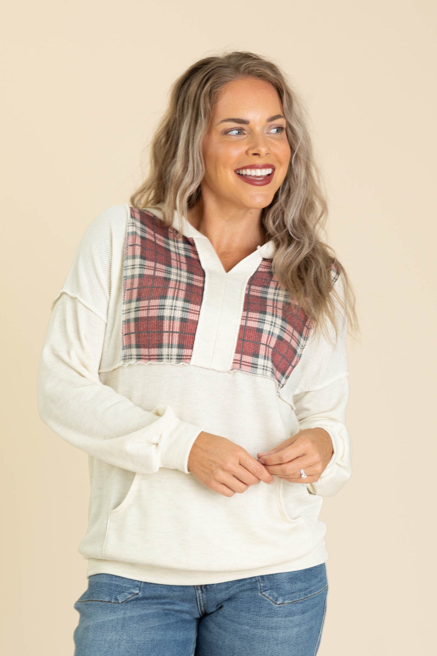 Plaid Contrast Detail Knit Hoodie Knit Tops