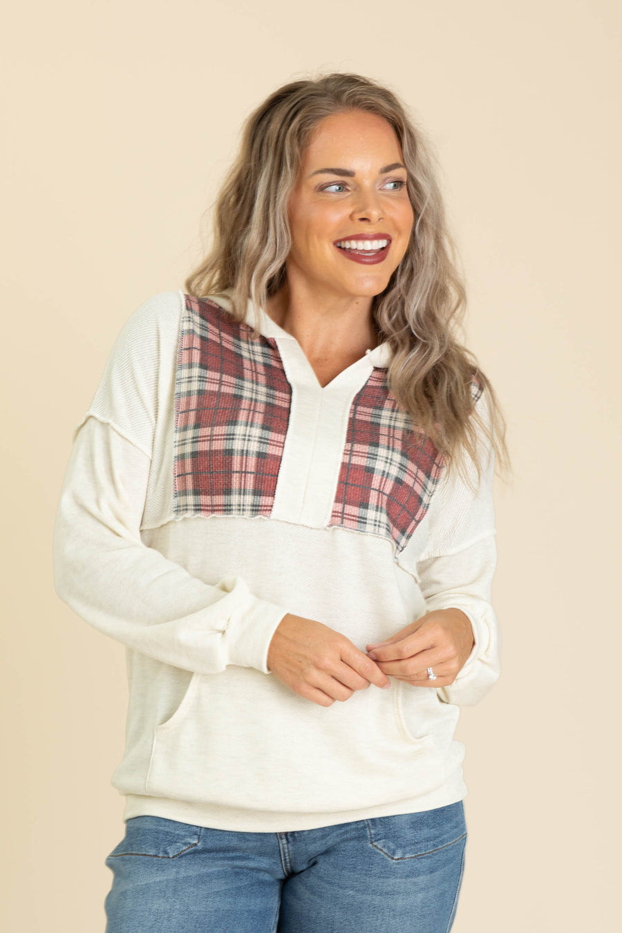 Plaid Contrast Detail Knit Hoodie Knit Tops