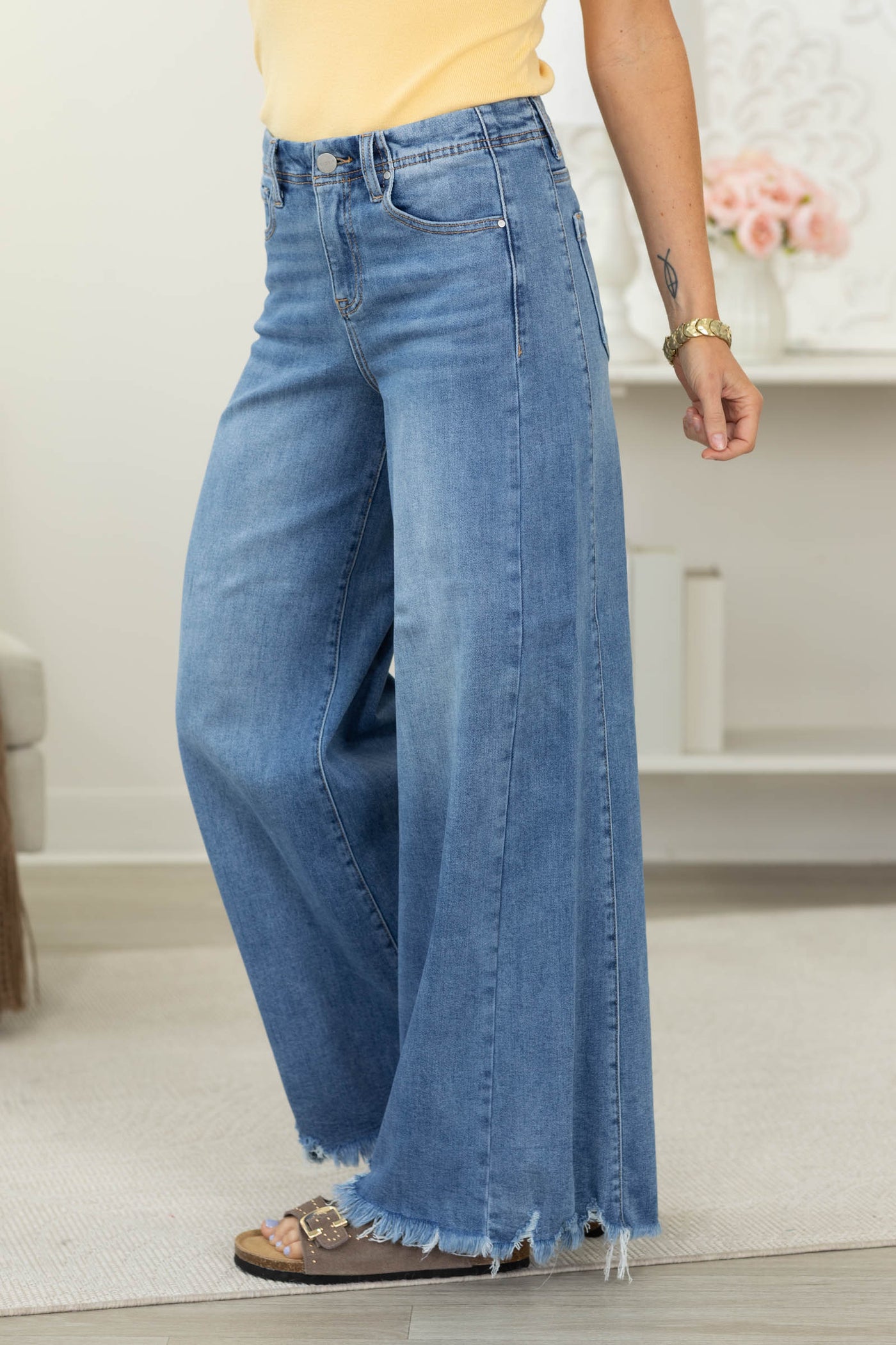 Risen Medium Wash High Rise Ankle Wide Jeans