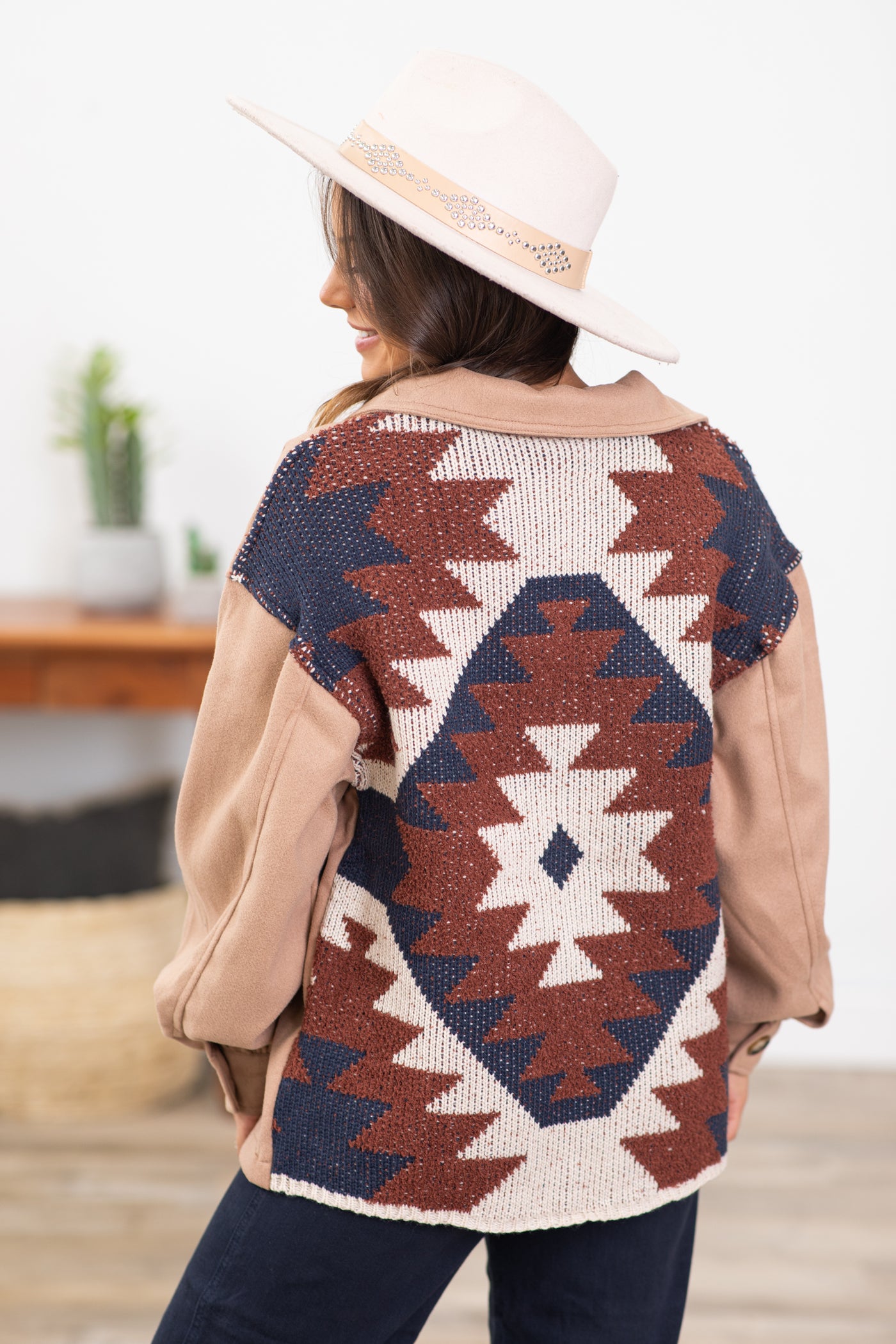 Mocha Jacket With Aztec Knit Back Detail