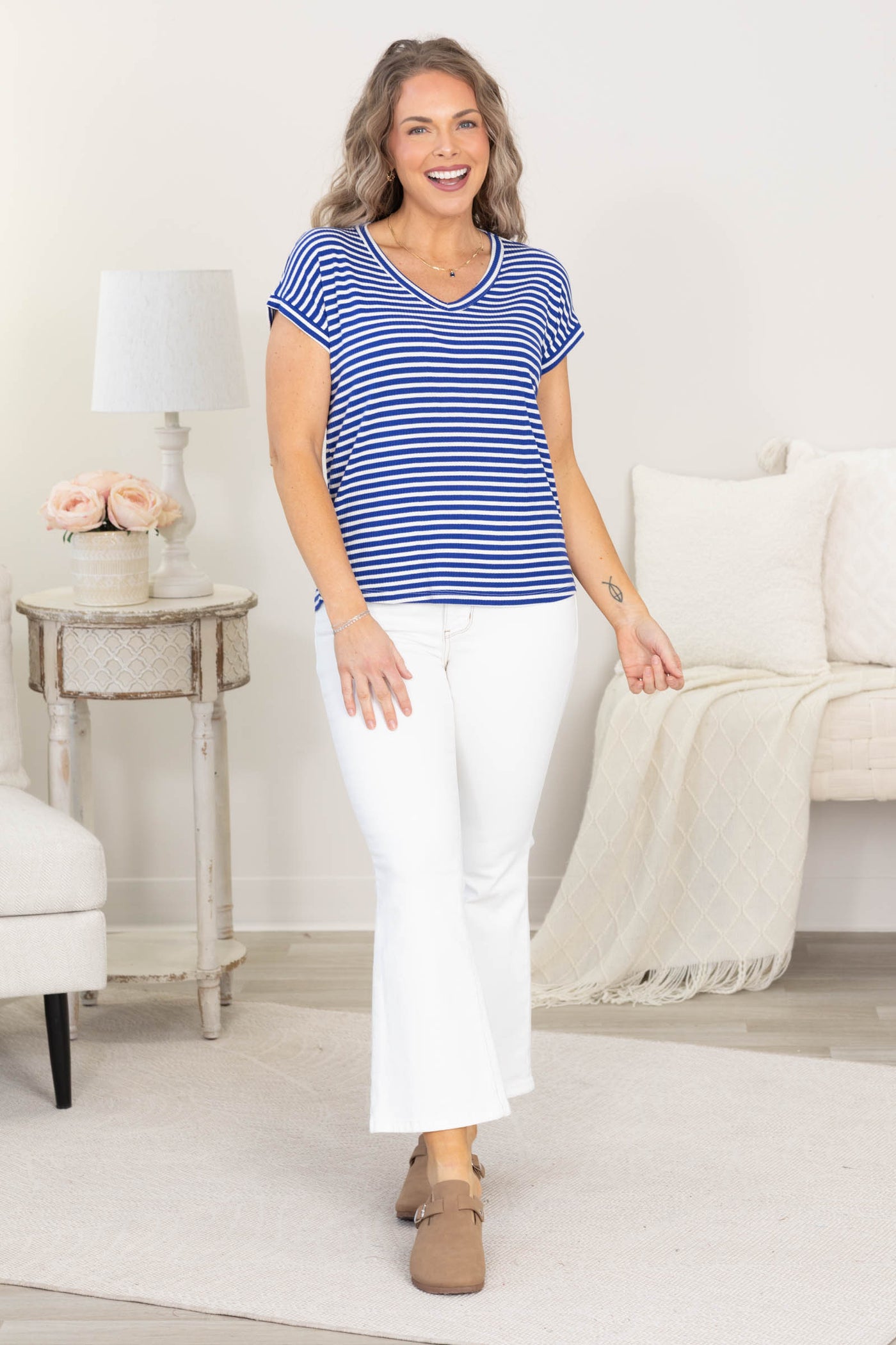 V-Neck Line Stripe Rib Knit Tops