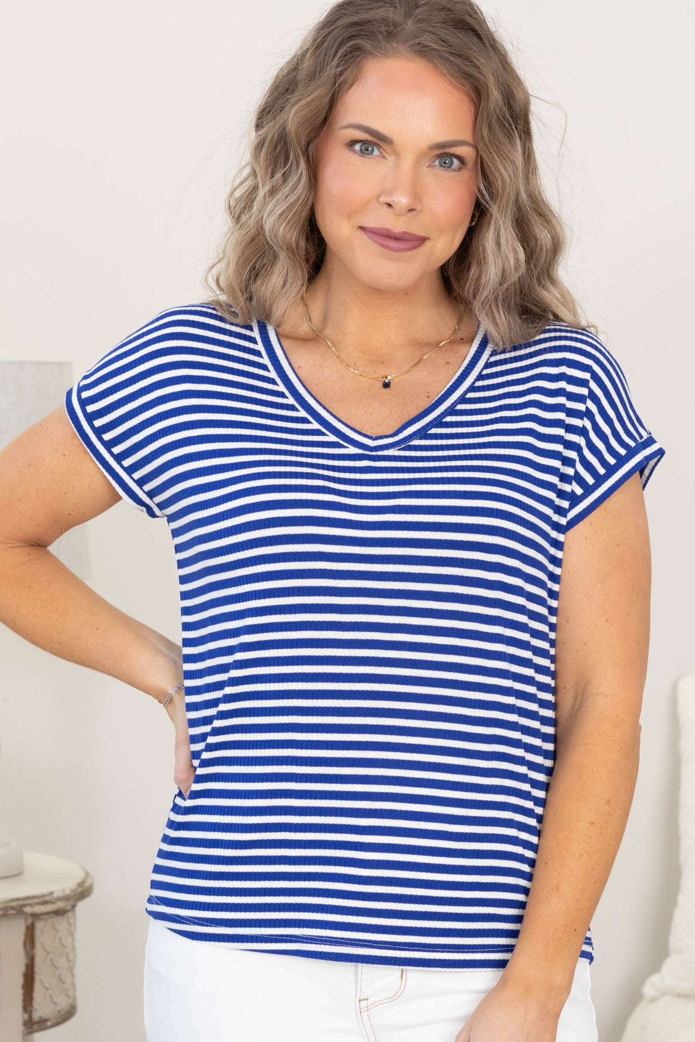 V-Neck Line Stripe Rib Knit Tops