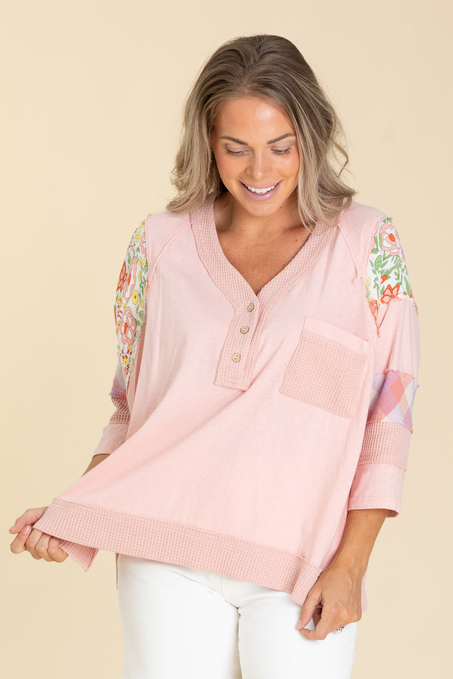 Baby Pink Mix Print Cotton Washed Knit Top