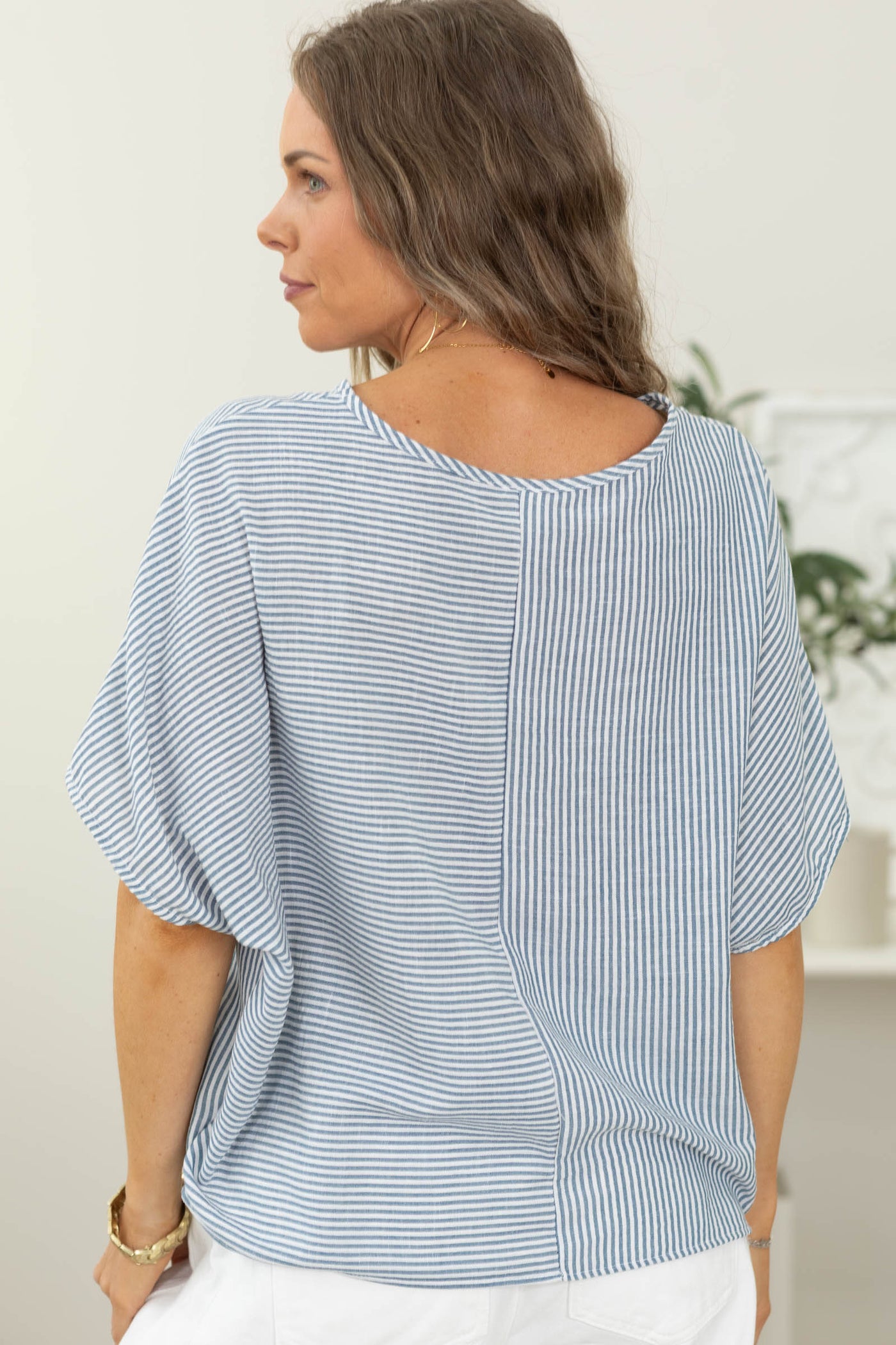 Slate Blue Relaxed Patchwork Dolman Woven Top