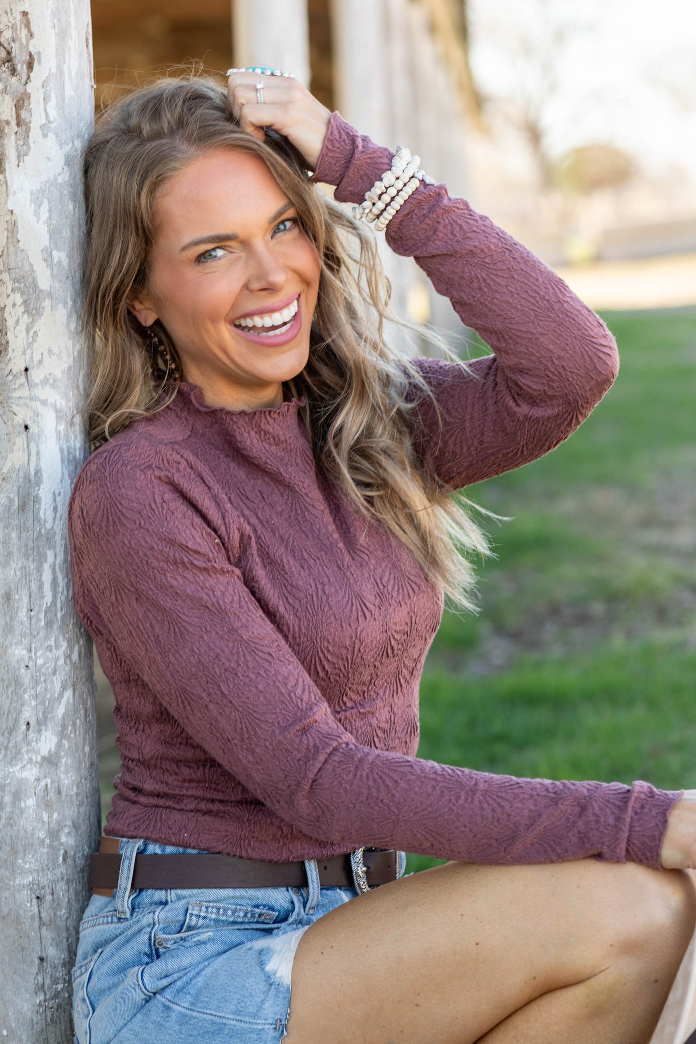 Soft Crinkle Rosewood Long Sleeves Knit Tops