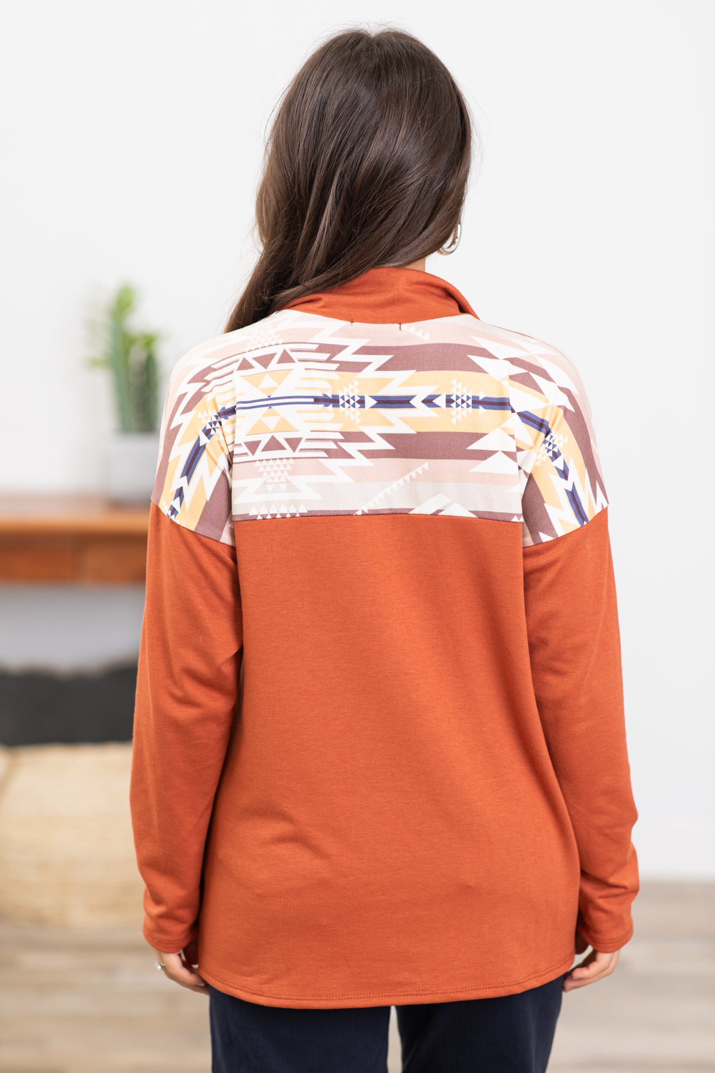Rust Colorblock Aztec Print Half Zip Pullover